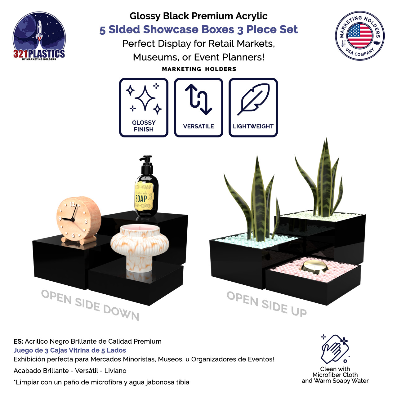 Set of 3 Black Acrylic Display Box Compartment Storage 5 Sided Bin Glossy No Lid