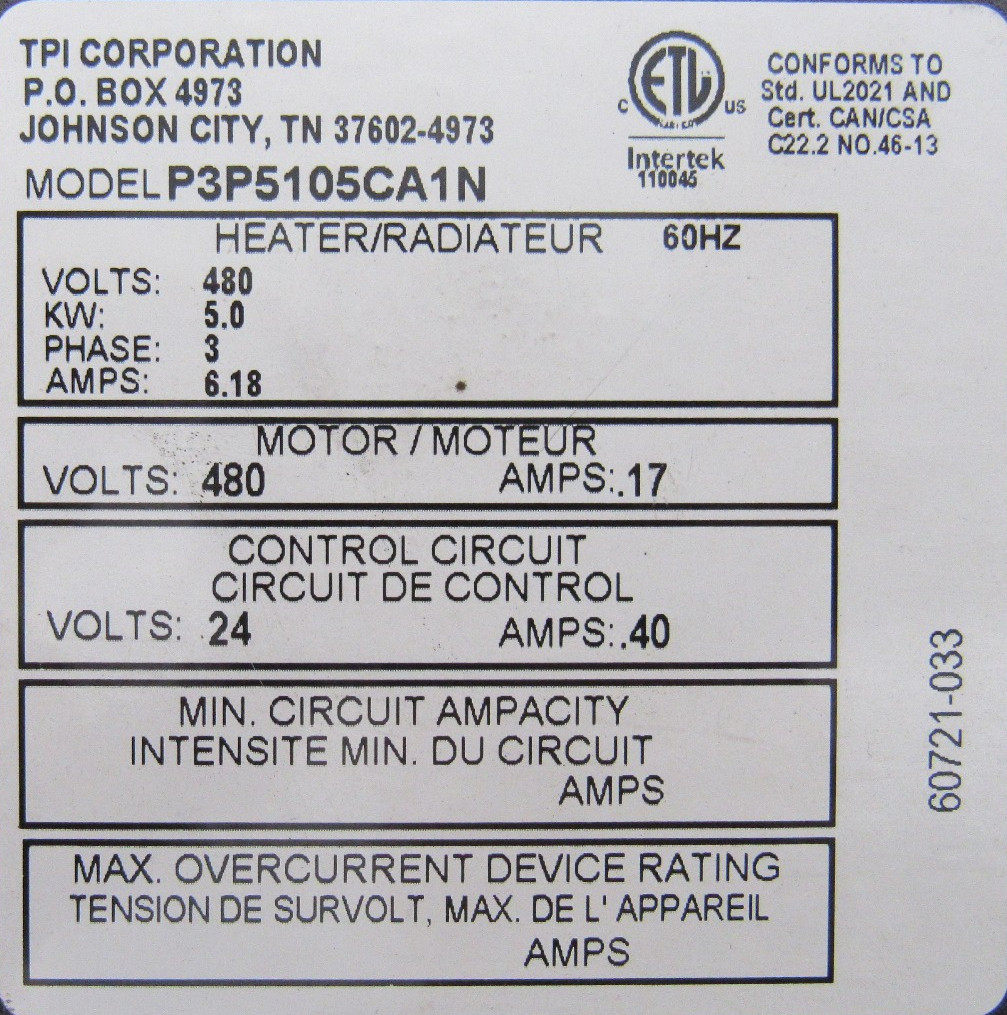 NEW TPI P3P5105CA1N HEATER 480V