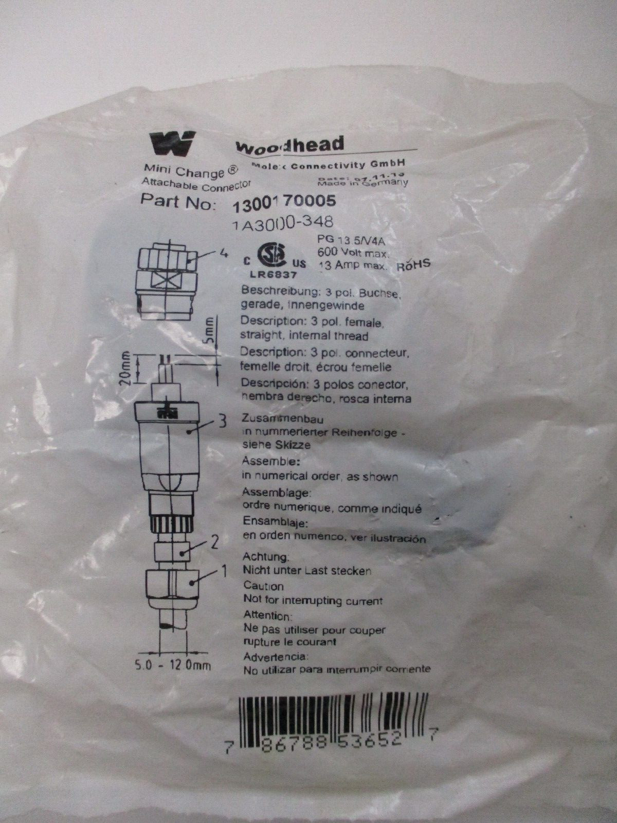 WOODHEAD 1A3000-348, MOLEX CONNECTIVITY GMBH, PG 13.5/V4A 600V 13AMP CONNECTOR