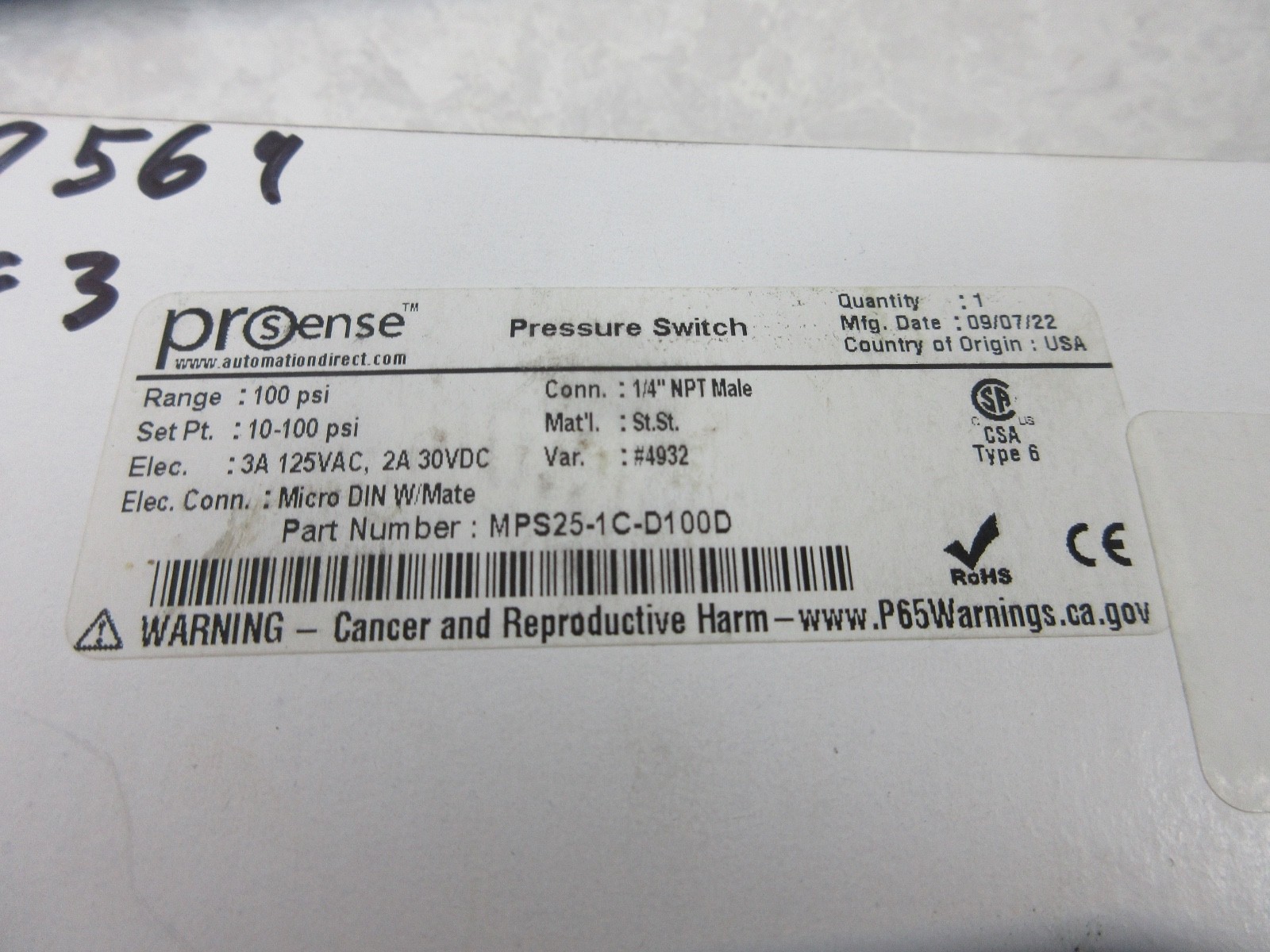 PROSENSE MPS25-1C-D100D PROSENSE MECHANICAL PRESSURE SWITCH, IA0442