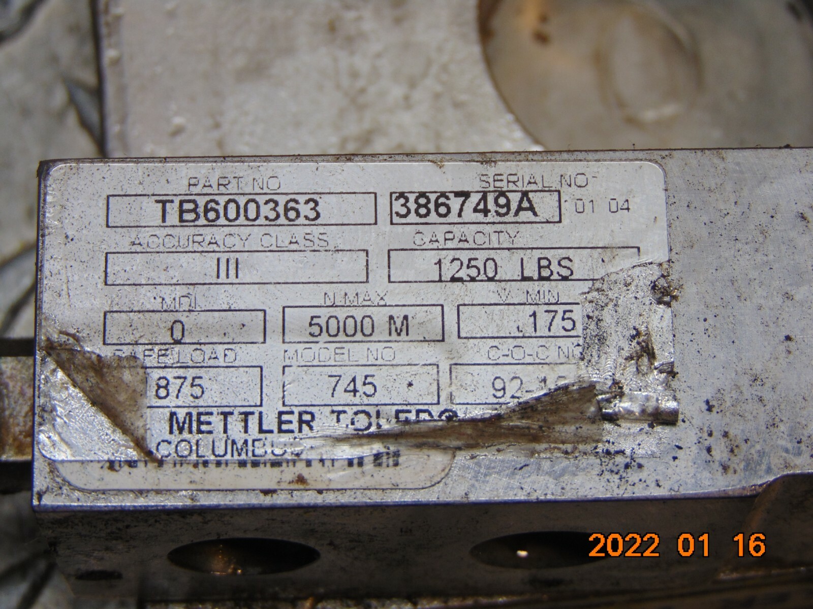 METTLER TOLEDO TB600363 1250 LBS Capacity Model 745 92-108 Load Cell