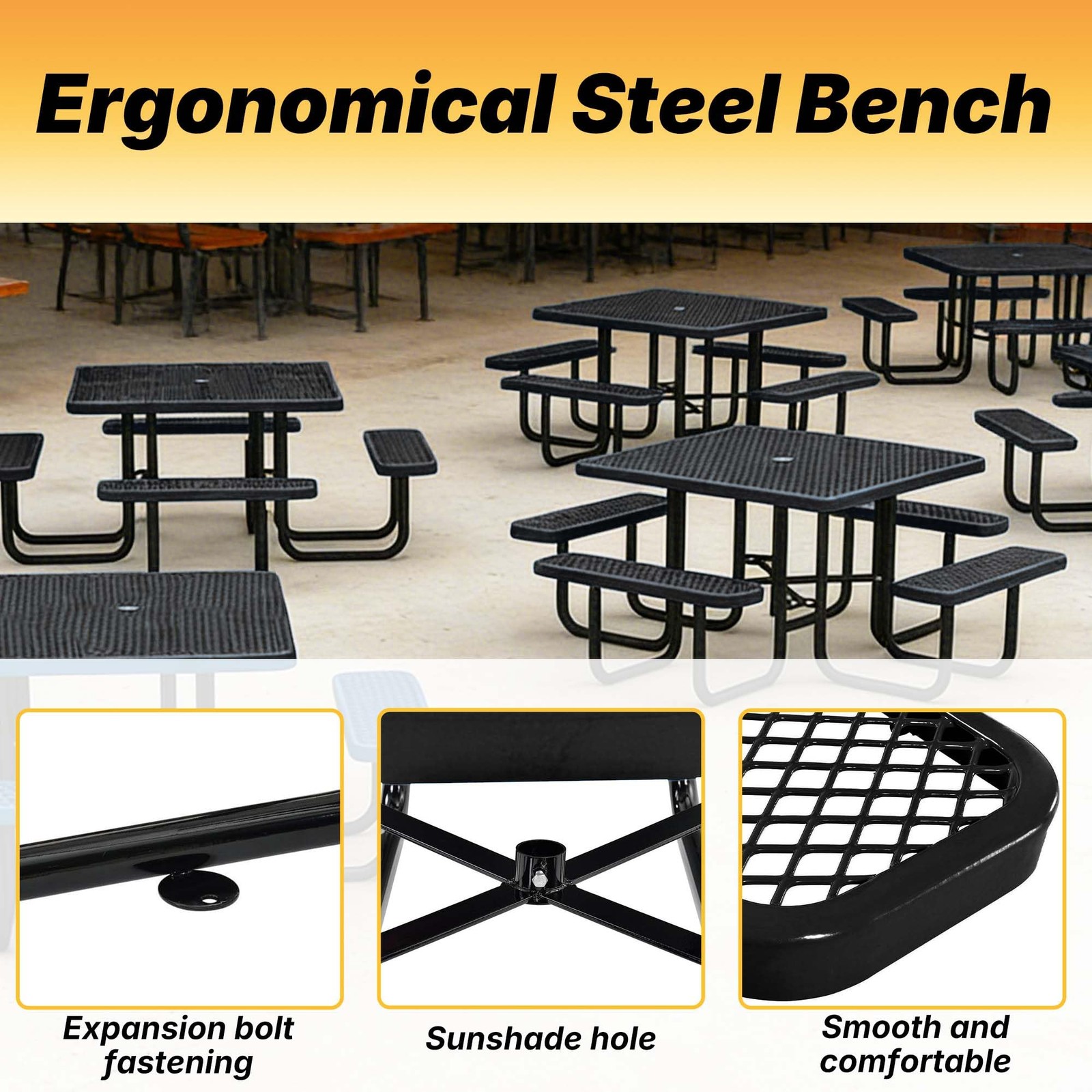 LAUCO Square Picnic Table, Expanded Metal, Black Thermoplastic Coating 1000 lb