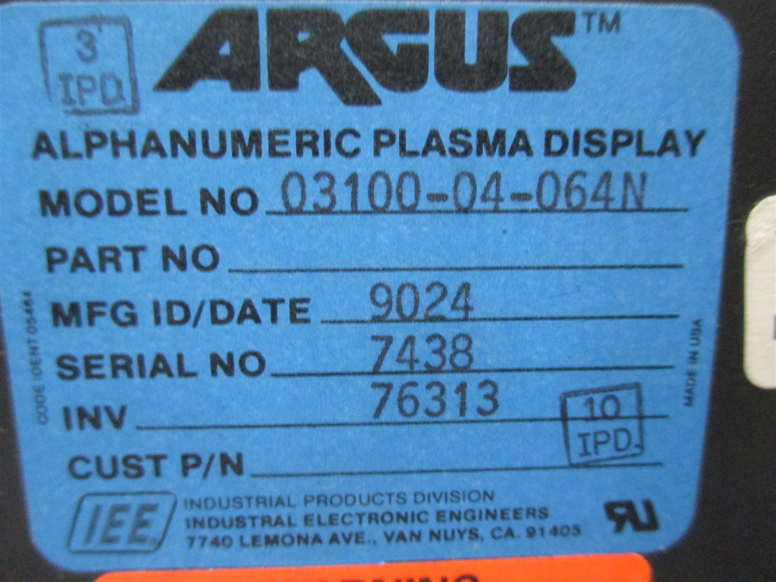 Argus Alphanumeric Plasma Display 03100-04-064N New