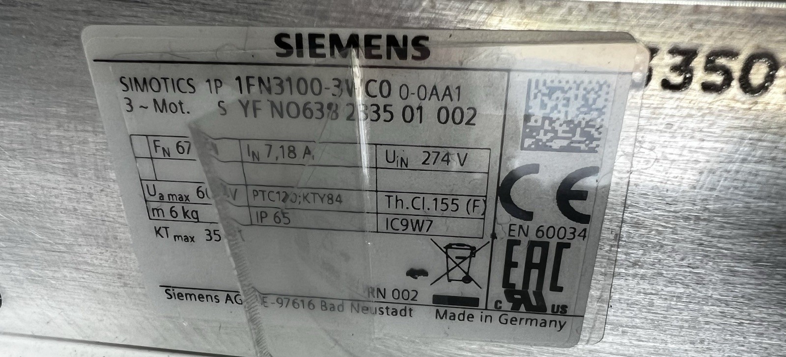 SIEMENS 1FN31003WC000AA1 SERVO MOTOR 1FN3100-3WC00-0AA1