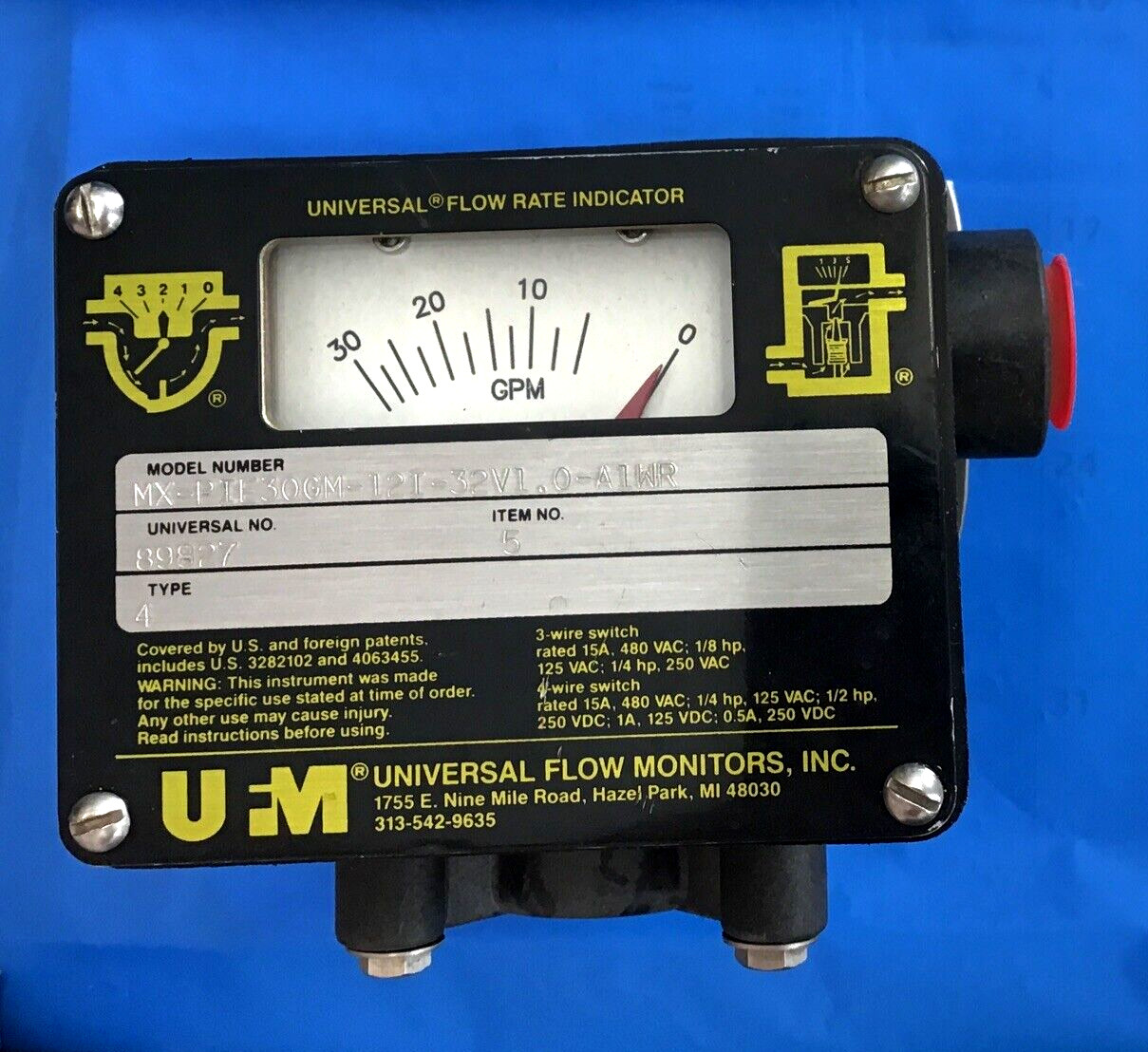 Universal Flow Indicator MX-PIE30GPM-12I-32V1.0-A1WR 0-30GPM NEW