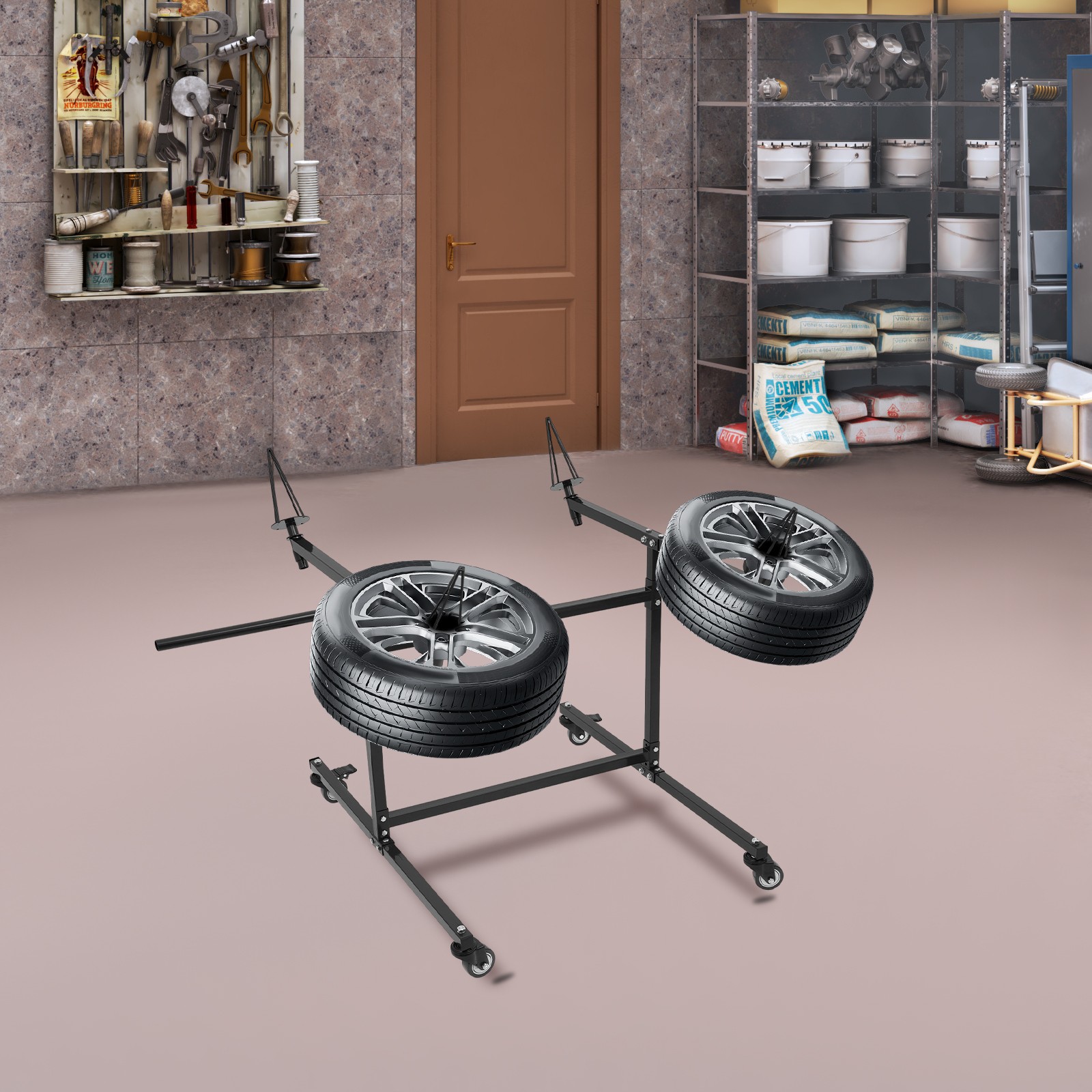 F02 Rotating Wheel Paint Stand Rack 300lbs Capacity Tilted With 4 Swivel Casters