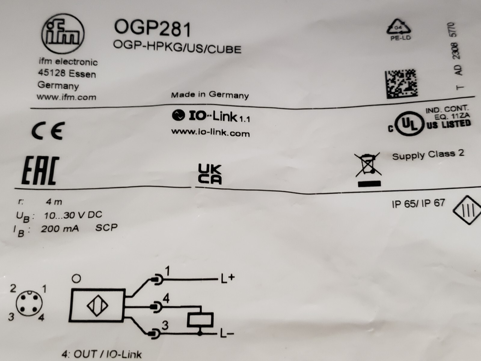 IFM ELECTRONIC OGP-HPKG/US/CUBE RETRO-REFLECTIVE SENSOR 10-30V DC (OGP281) NIB