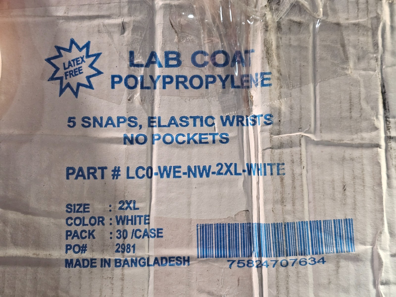 (QTY 30) KEYSTONE LC0-WE-NW-2XL-WHITE Lab Coat Polypropylene, Snaps Closure