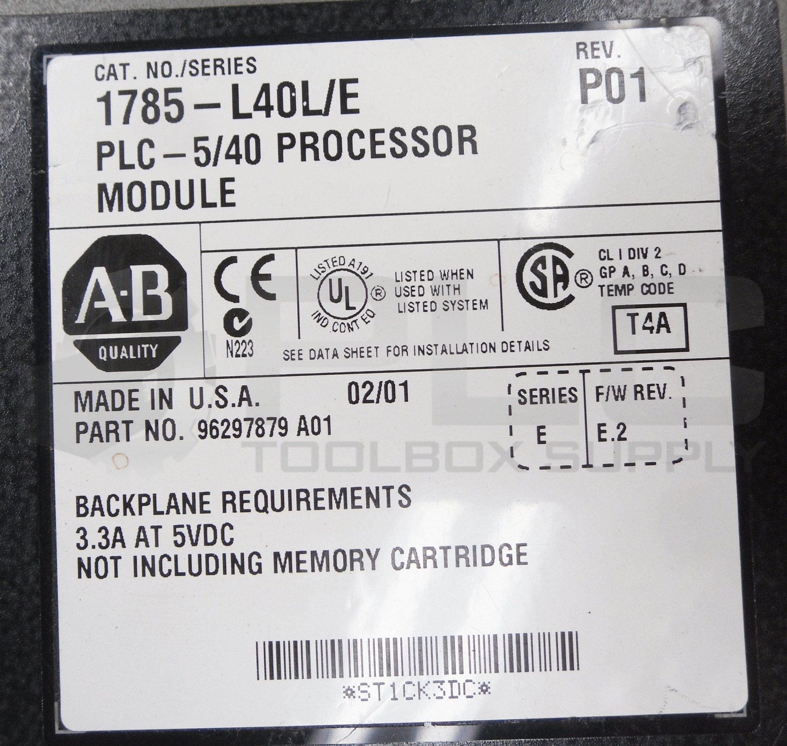 ALLEN BRADLEY 1785-L40L /E PLC-5/40 PROCESSOR MODULE 3.3A 5VDC *READ*