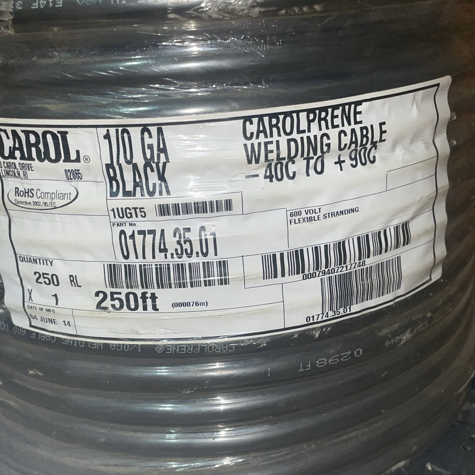 CAROL Welding Cable – 01774.35.01 250FT 1/0 AWG Conductor 600V BLACK