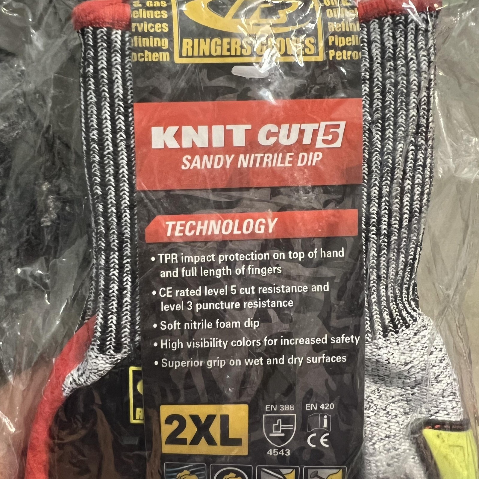 Ringers Gloves Knit Cut5 Sandy Nitrile Dip Impact Cut Resistant Gloves 2XL