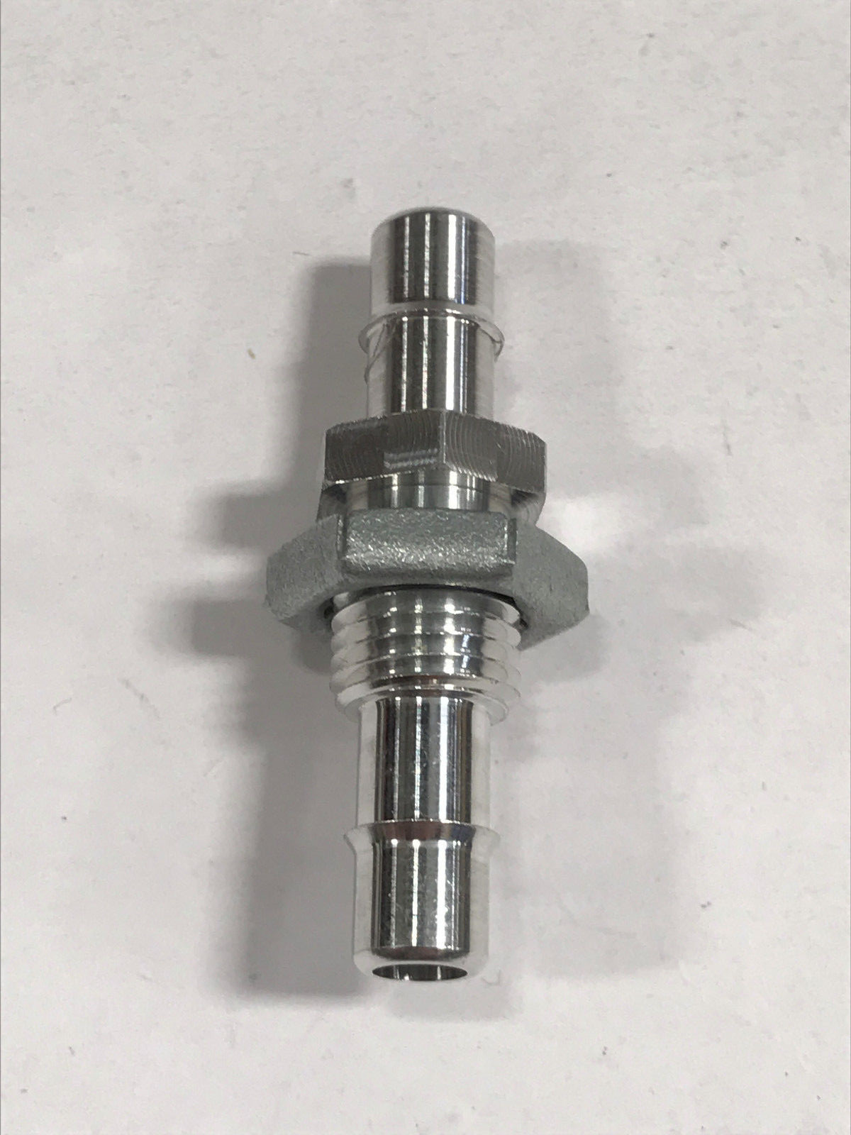 Aluminum bulkhead fitting 3/8-24 UNF thread to 1/4 ID tubing barb both ends