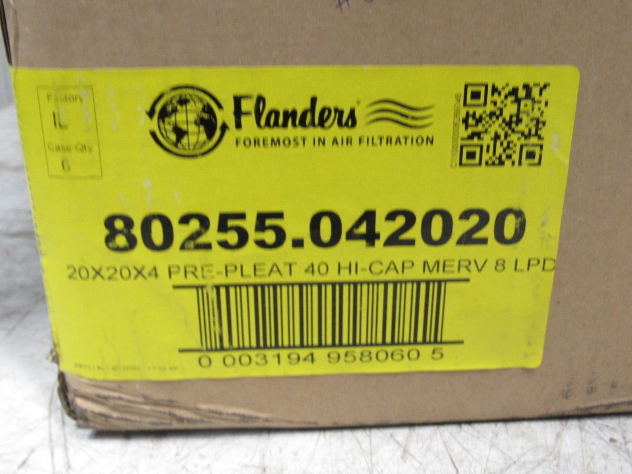 Flanders 80255.042020 20″x20″x4″ MERV 8 LPC Hi Cap Pre-Pleat Air Filter Lot/12