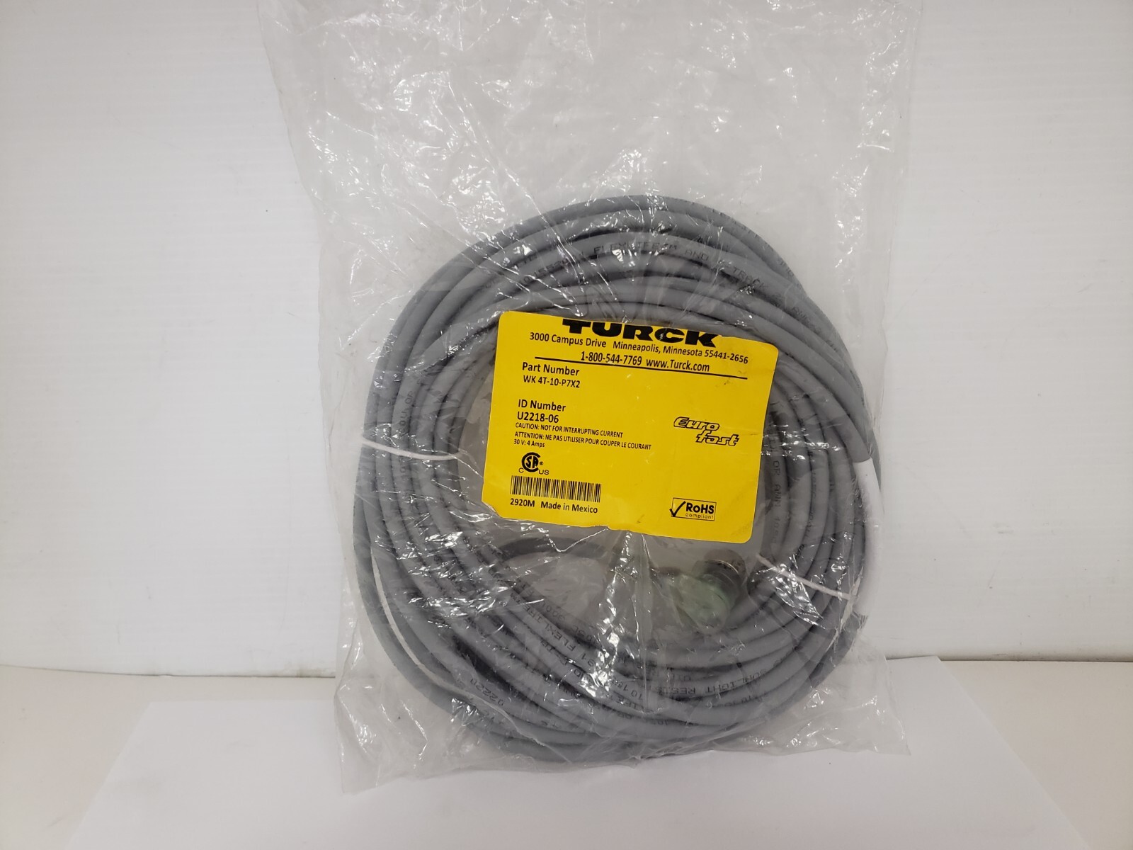 TURCK WK4T-10-P7X2 CORDSET M12 EUROFAST FEMALE CONNECTOR (U2218-06) NIB