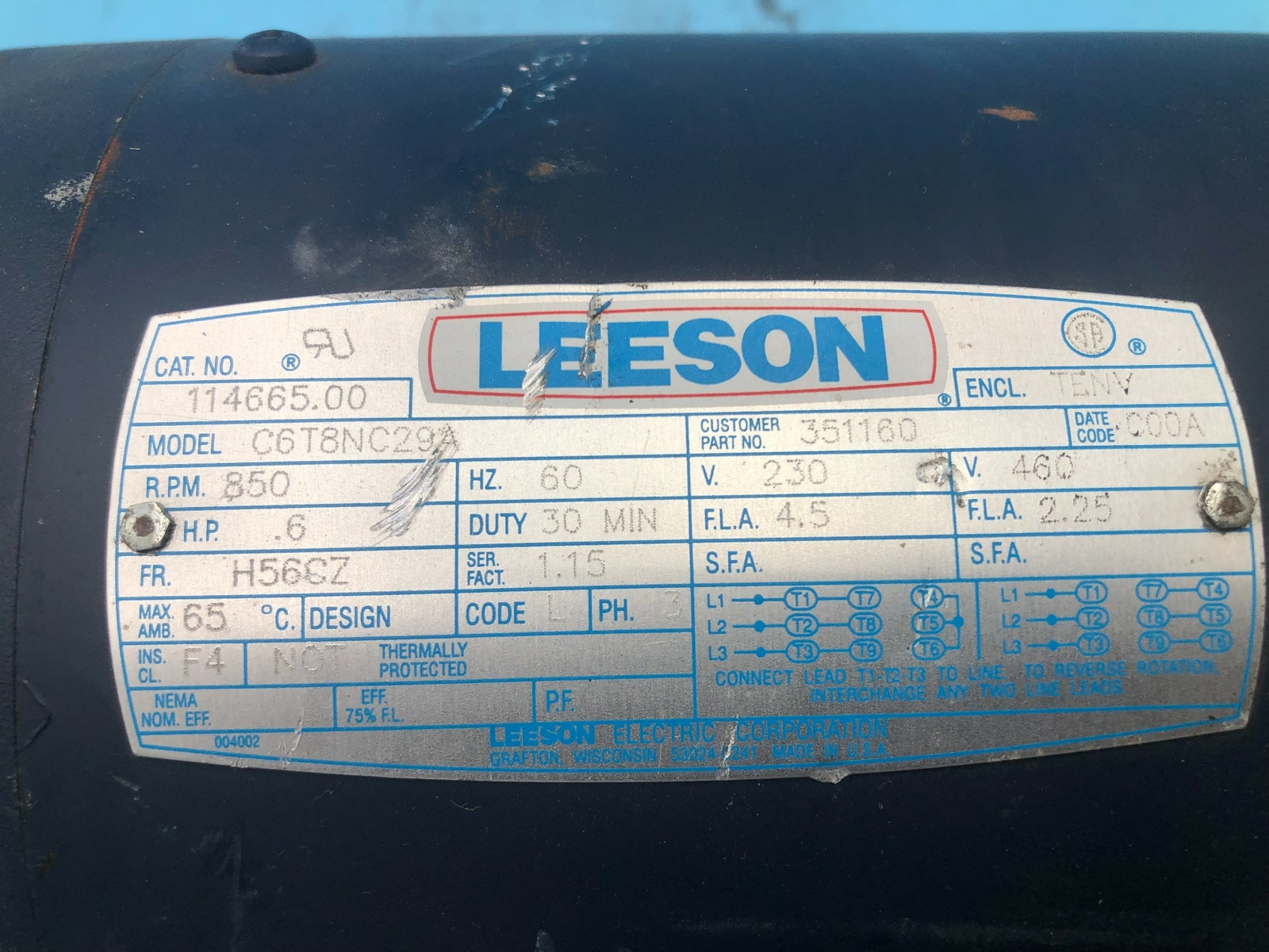 Leeson C6T8NC29A 0.6 HP 850 RPM H56C7 Frame Motor
