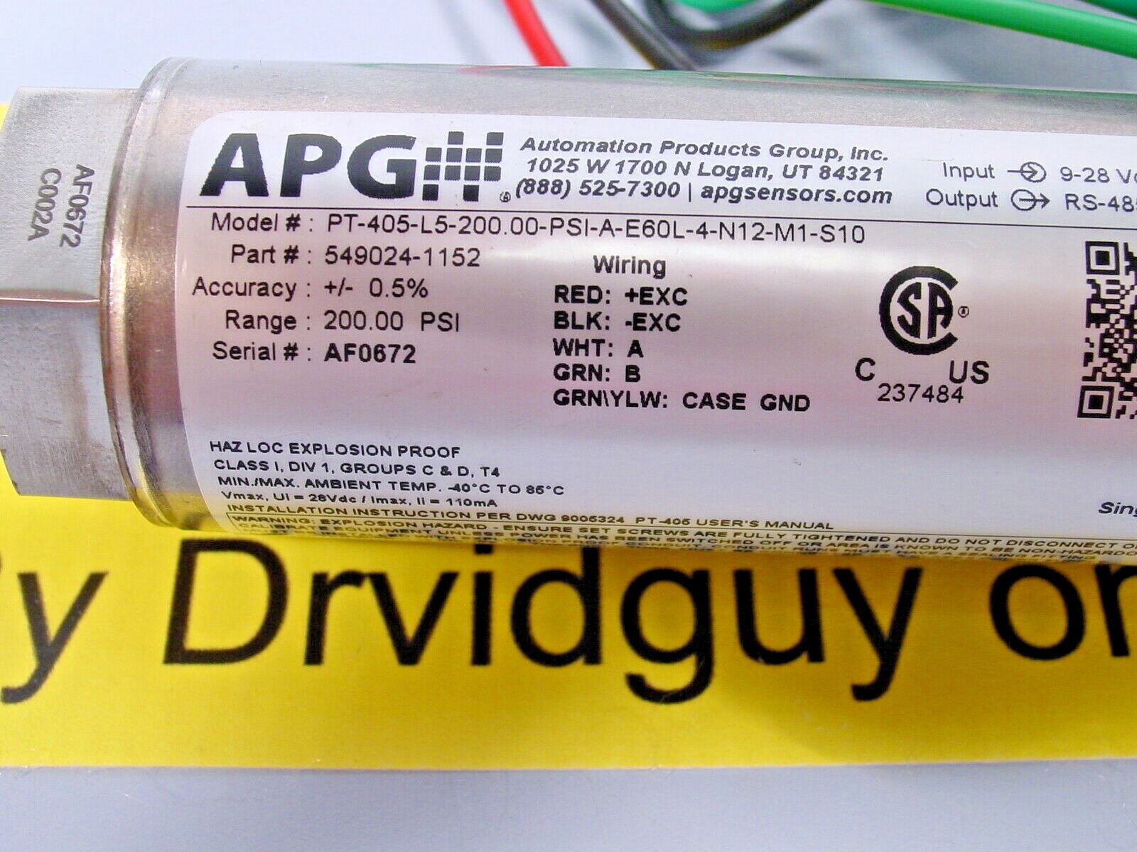 APG PT-405-L5-200.00-PSI-A-E60L-4-N12-M1-S10 ExplosionProof Pressure Transducer
