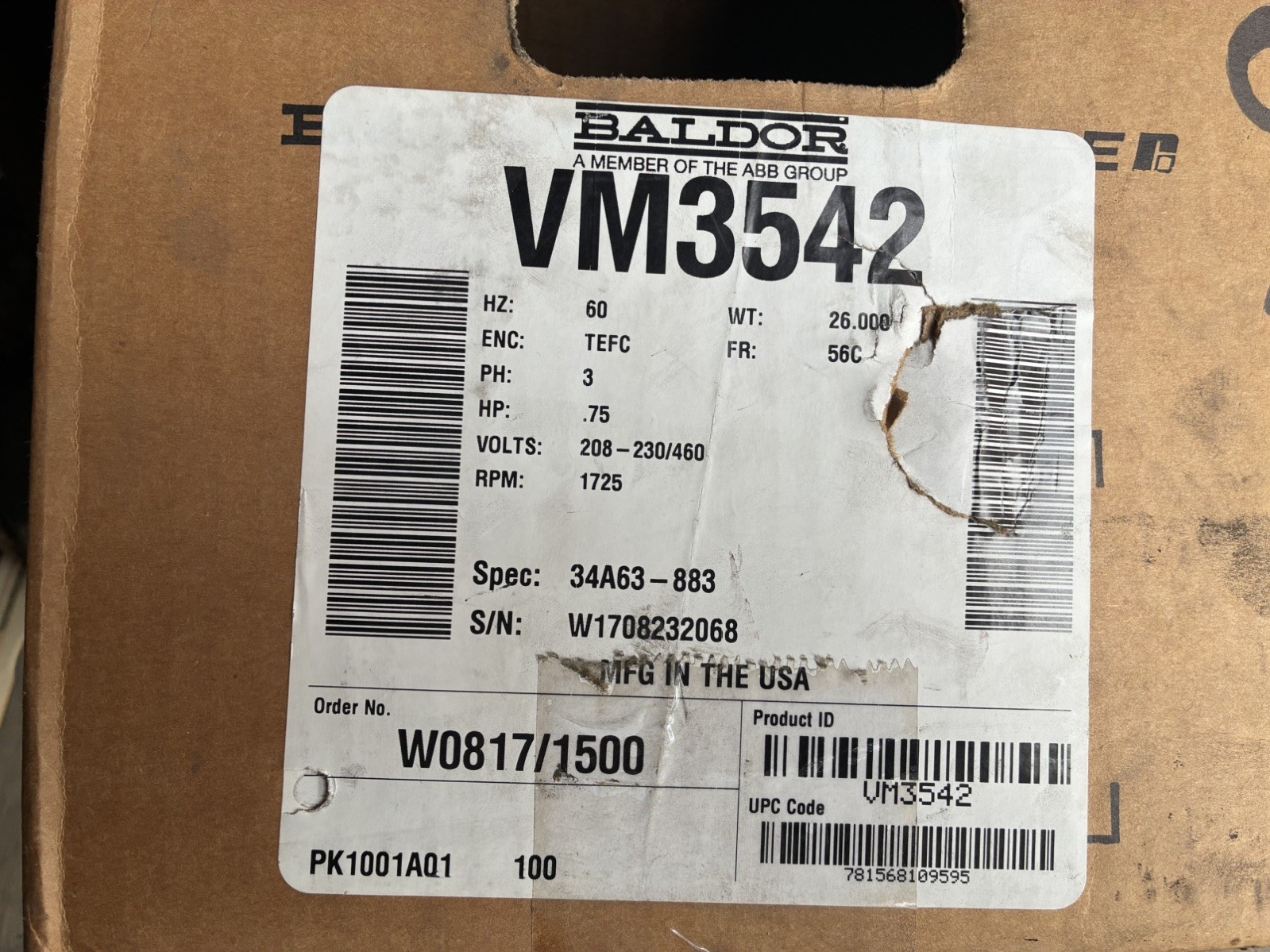 Baldor,VM3542,0.75HP Motor 1725RPM Frame 56C