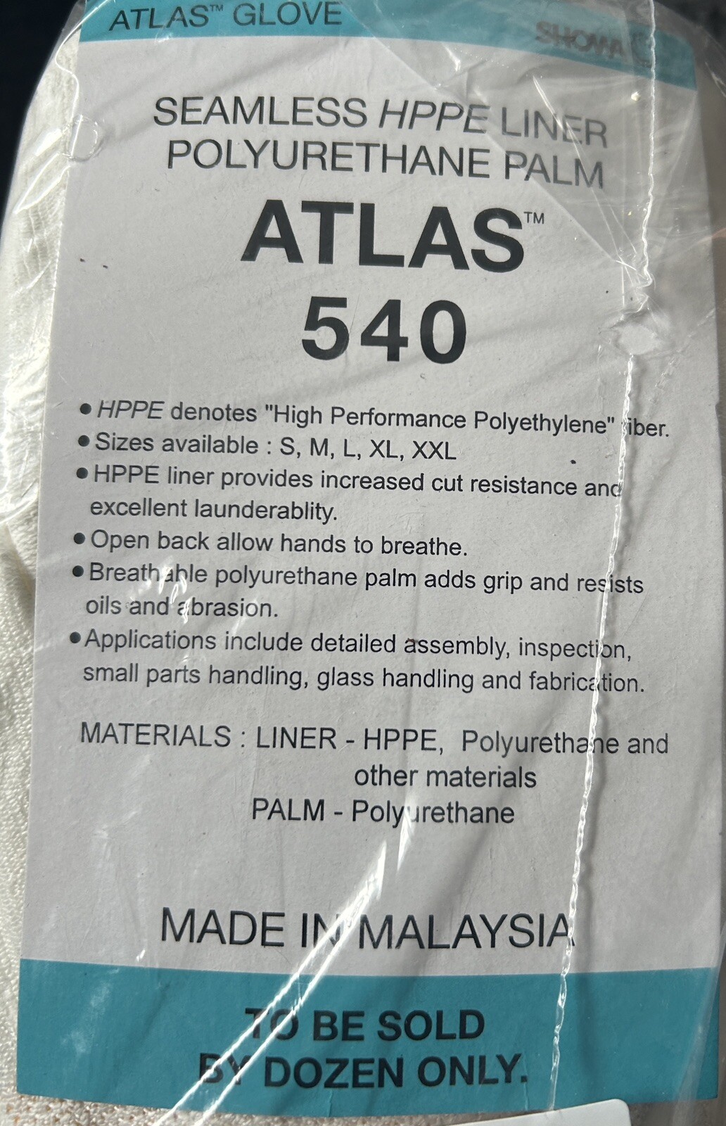 Atlas 540 Gloves, 12-Pack, Size Large, HPPE Polyurethane Cut-Resistant, Work..