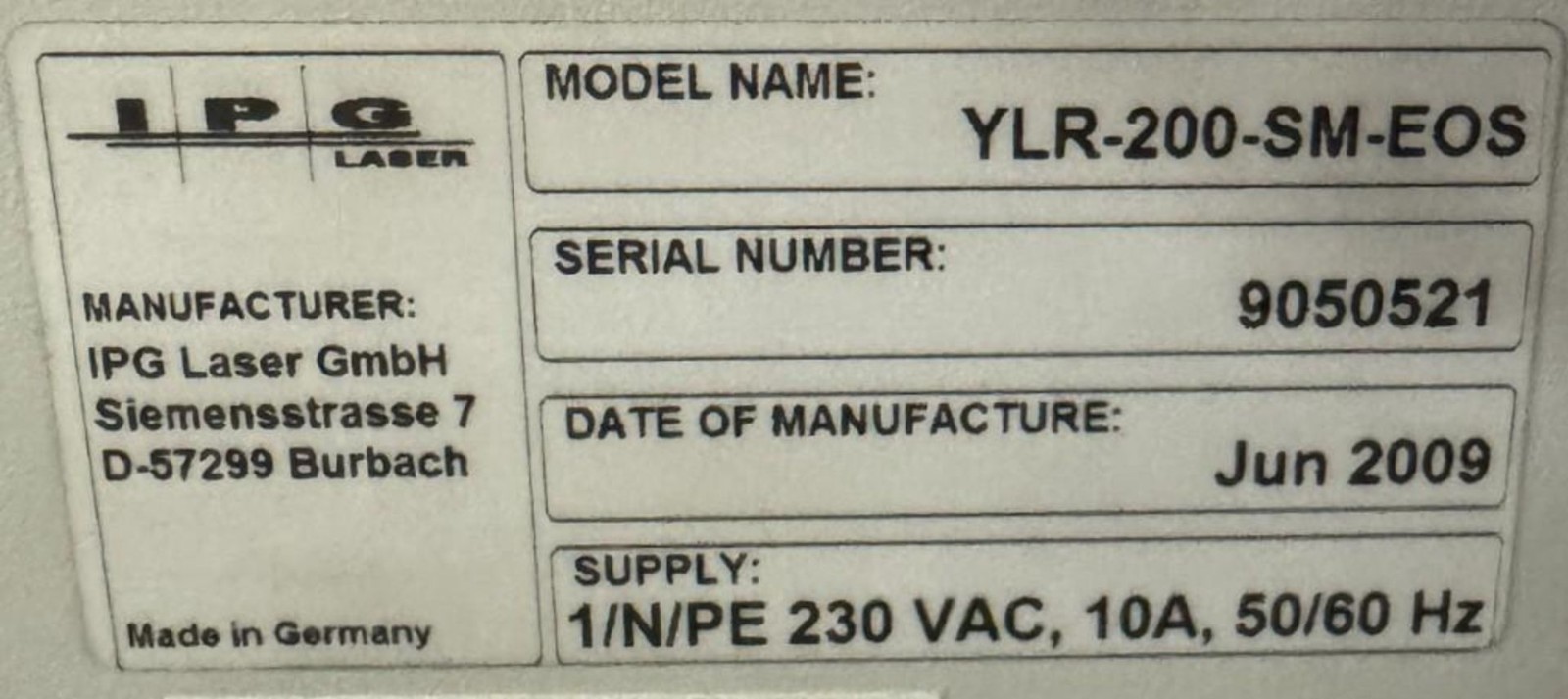 NEW IPG FIBER LASER IPG – YLR-200-SM-EOS, Germany.