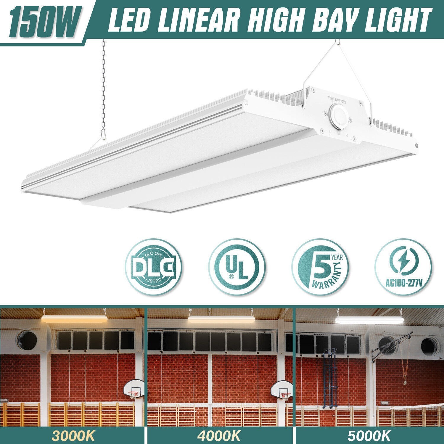 LED Linear High Bay Light 150W 3K/4000K/5000K Adjustable Commercial Shop Lamp UL