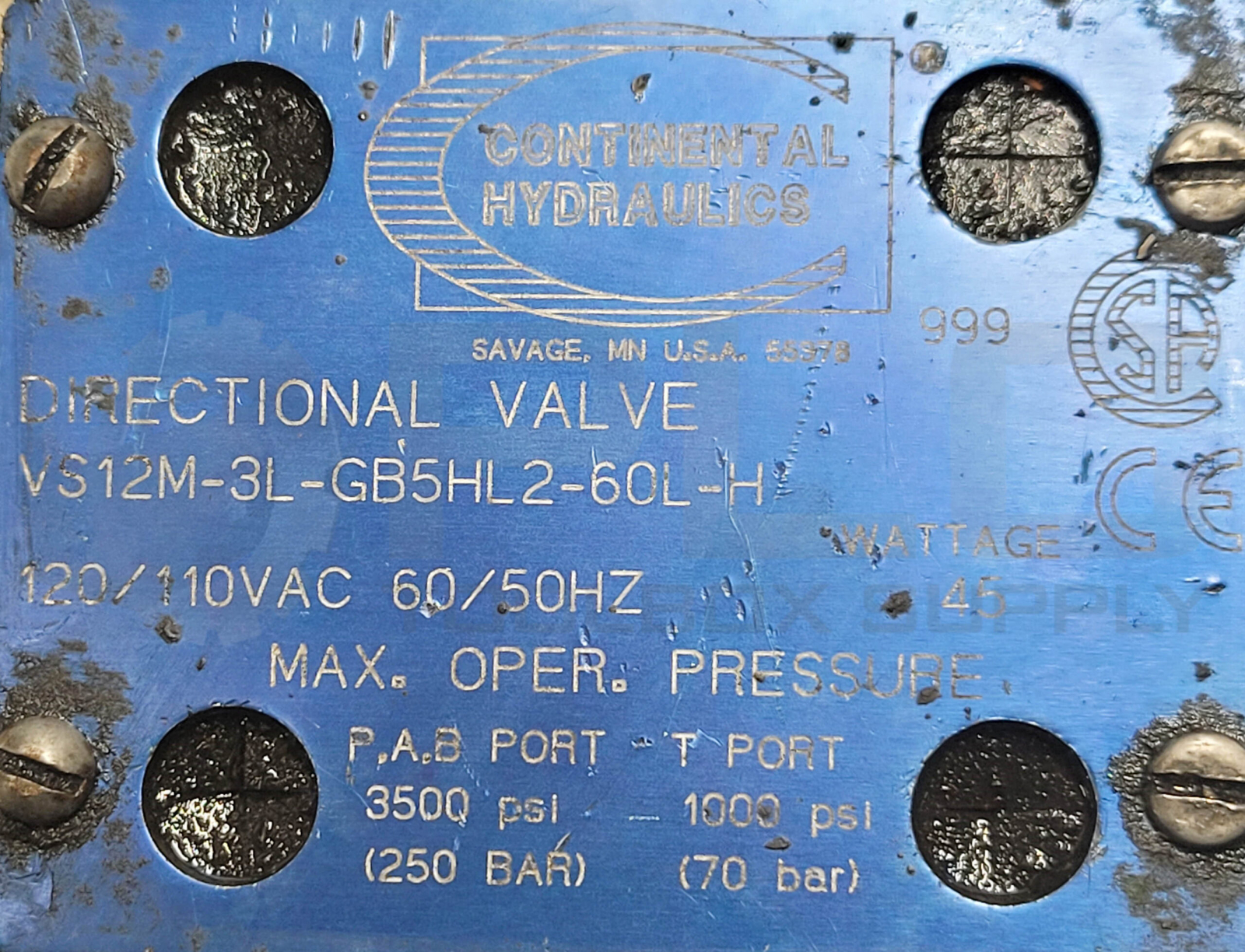 CONTINENTAL HYDRAULICS VS12M-3L-GB5HL2-60L-H DIRECTIONAL VALVE 120/110VAC