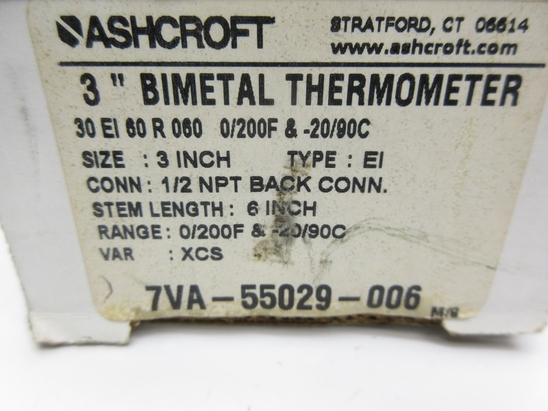 ASHCROFT 30 EI 60 R 060 0/200F & -20/90C 3″ NSMP