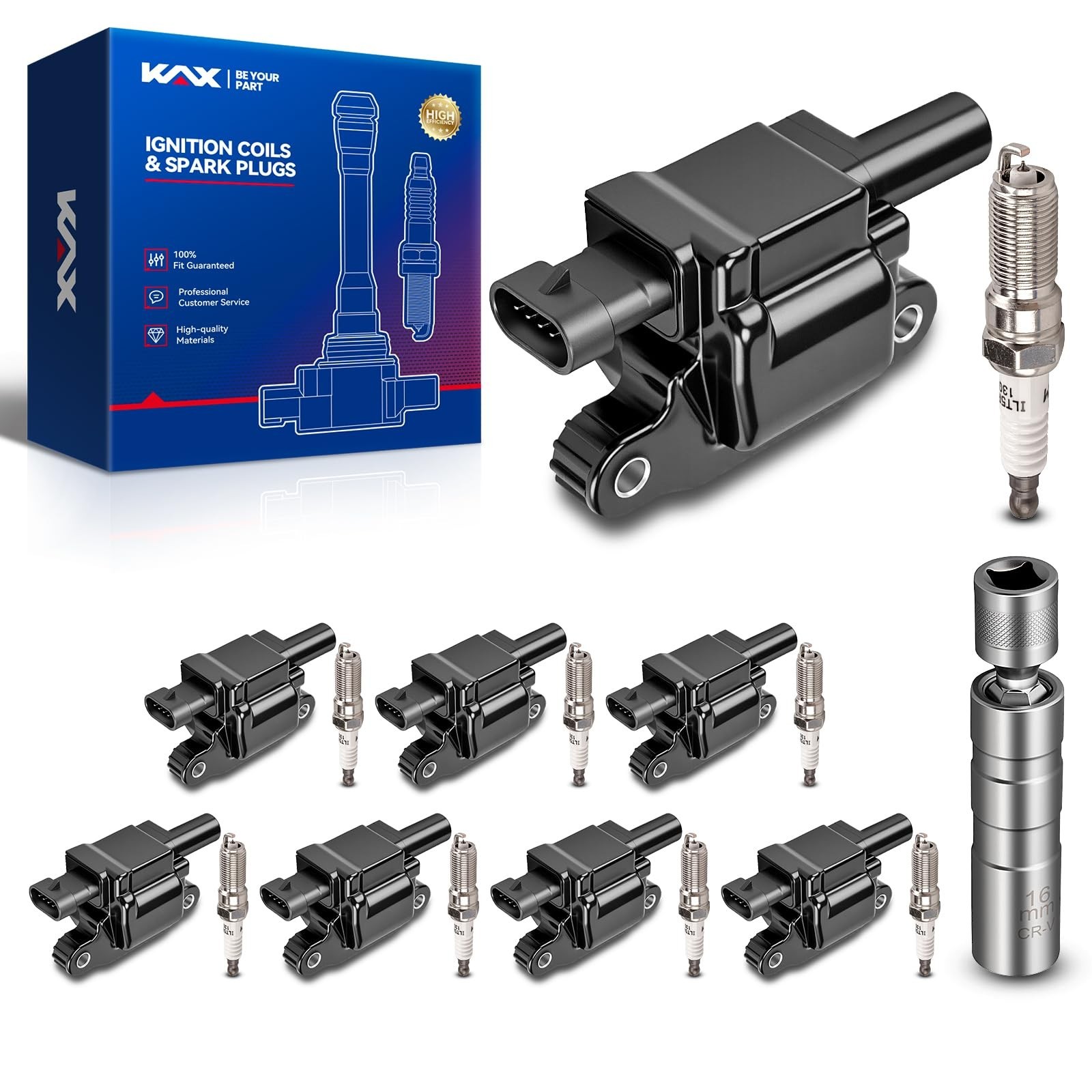 KAX 8-Pack Ignition Coil Pack & Iridium Spark Plugs Kit w/Magnetic Socket for…