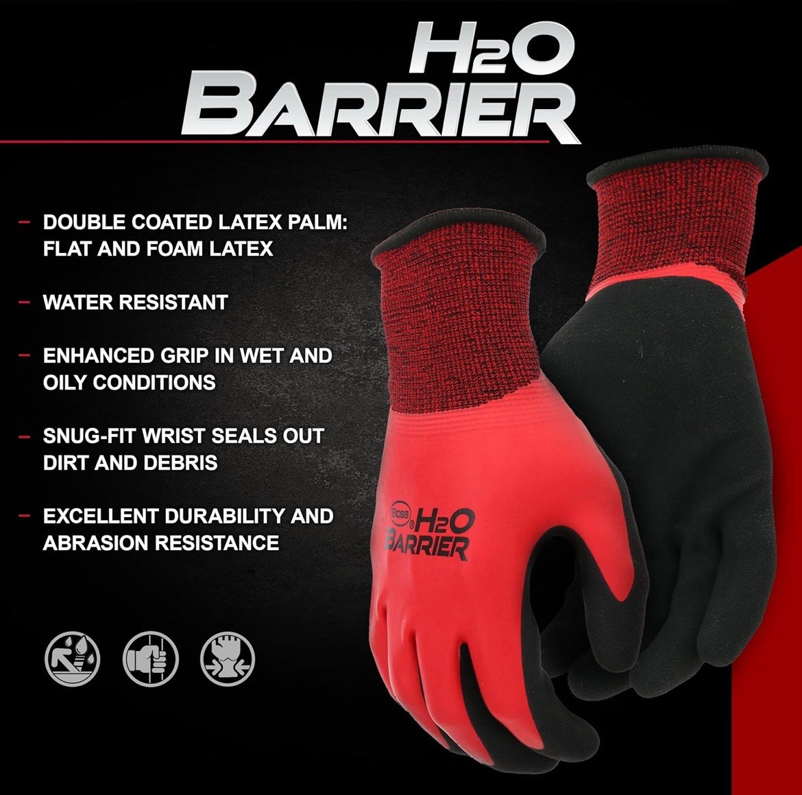 6 Pairs BOSS Men’s H2O Barrier B32231 Fully Coated Double Dipped Work Gloves L