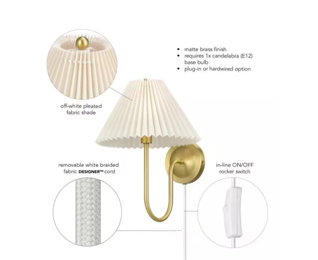 G E Delphine 11 in. 1-Light Matte Brass Plug-In or Hardwire Wall Sconce w/ Shade