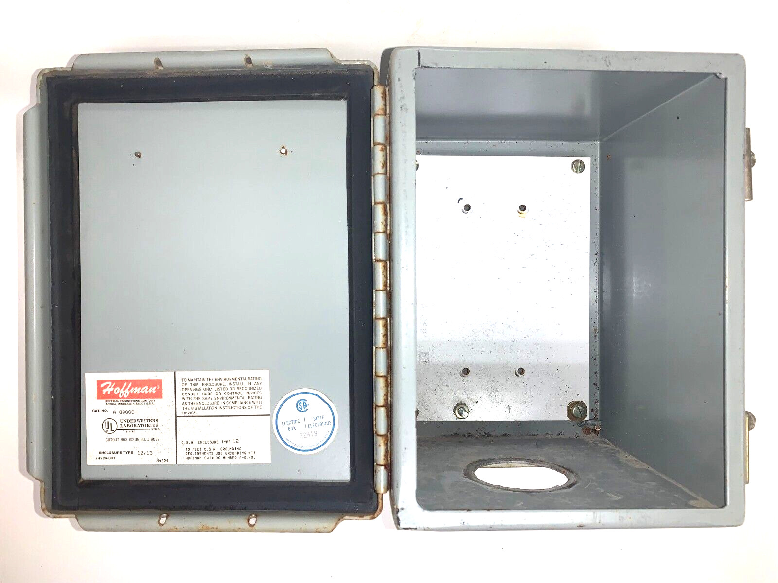 HOFFMAN ELECTRICAL ENCLOSURE A-8066CH TYPE 12,13 STEEL 2″ PORT 8″ X 6″ X 6″ OAL