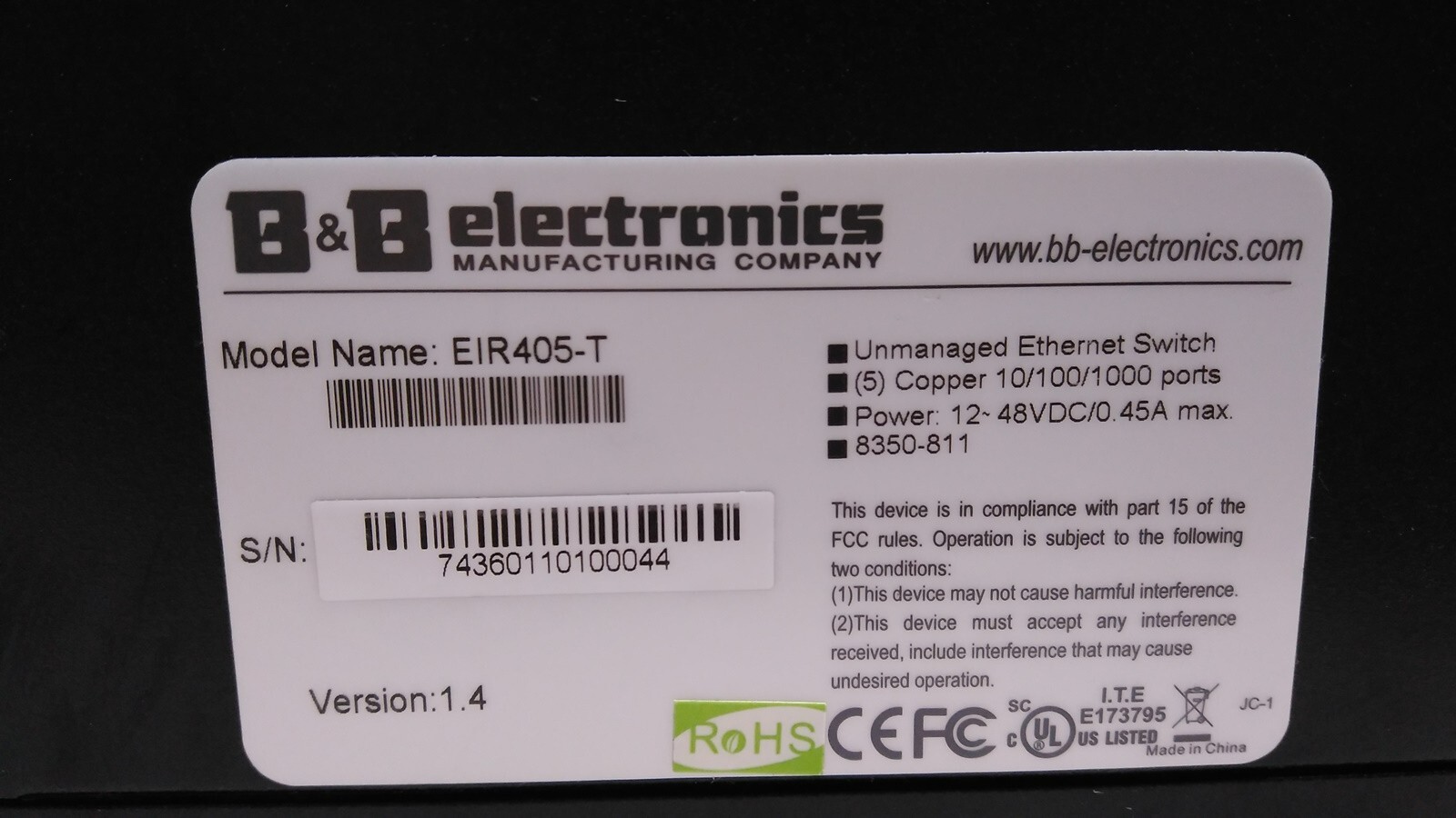 [Used] B&B Electronics / EIR405-T / Unmanaged Ethernet Switch