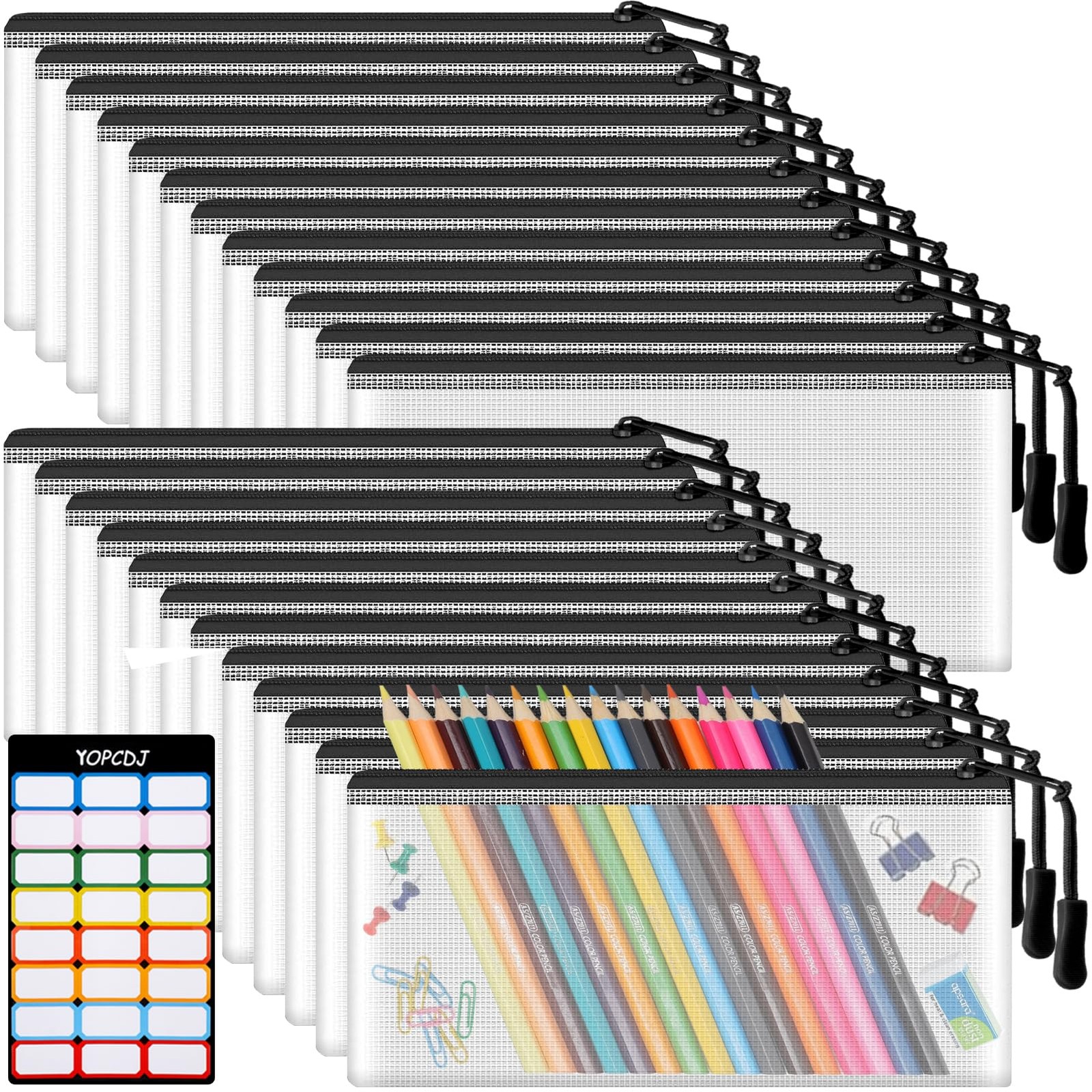 24pcs Mesh Zipper Pouch Bags 9.3 x 4.7 Inches, Black Small Clear A6,