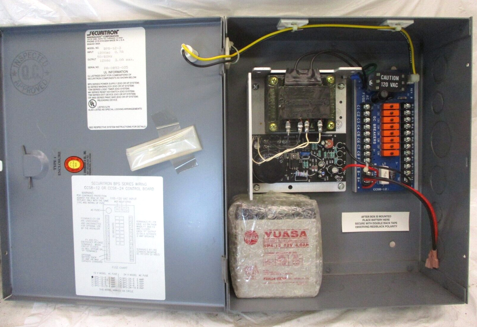 Securitron Magnalock BPS-12-3 120VAC 0.7A 50/60Hz Input 12VDC 3.0A Max O A6854DH