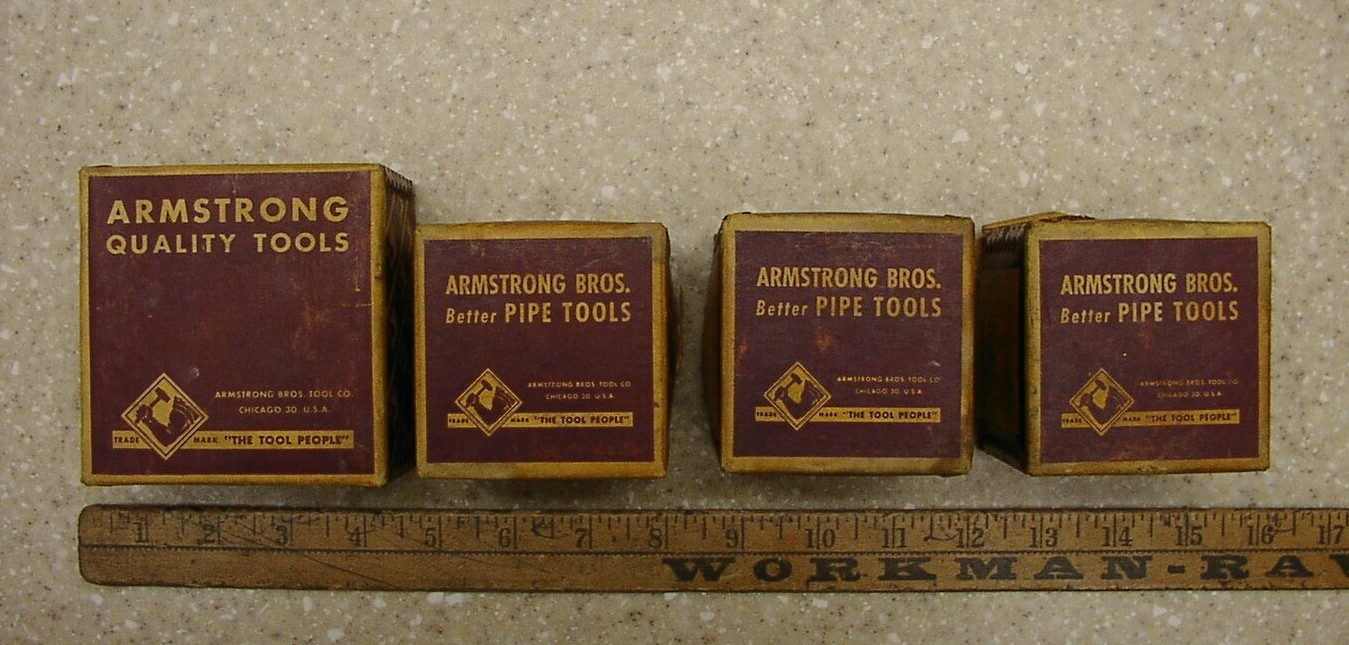 Vntg Ratcheting Die Stock Head,W/1-1/4″,1″,3/4″,& 1/2″ Armstrong Dies/Orig Boxes