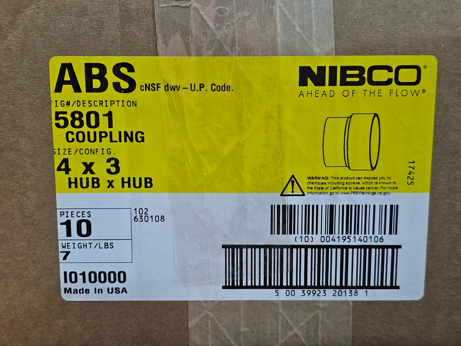(QTY 10) NIBCO I010000 5801 4″ x 3″ Hub x Hub ABS DWV Reducing Coupling, Black