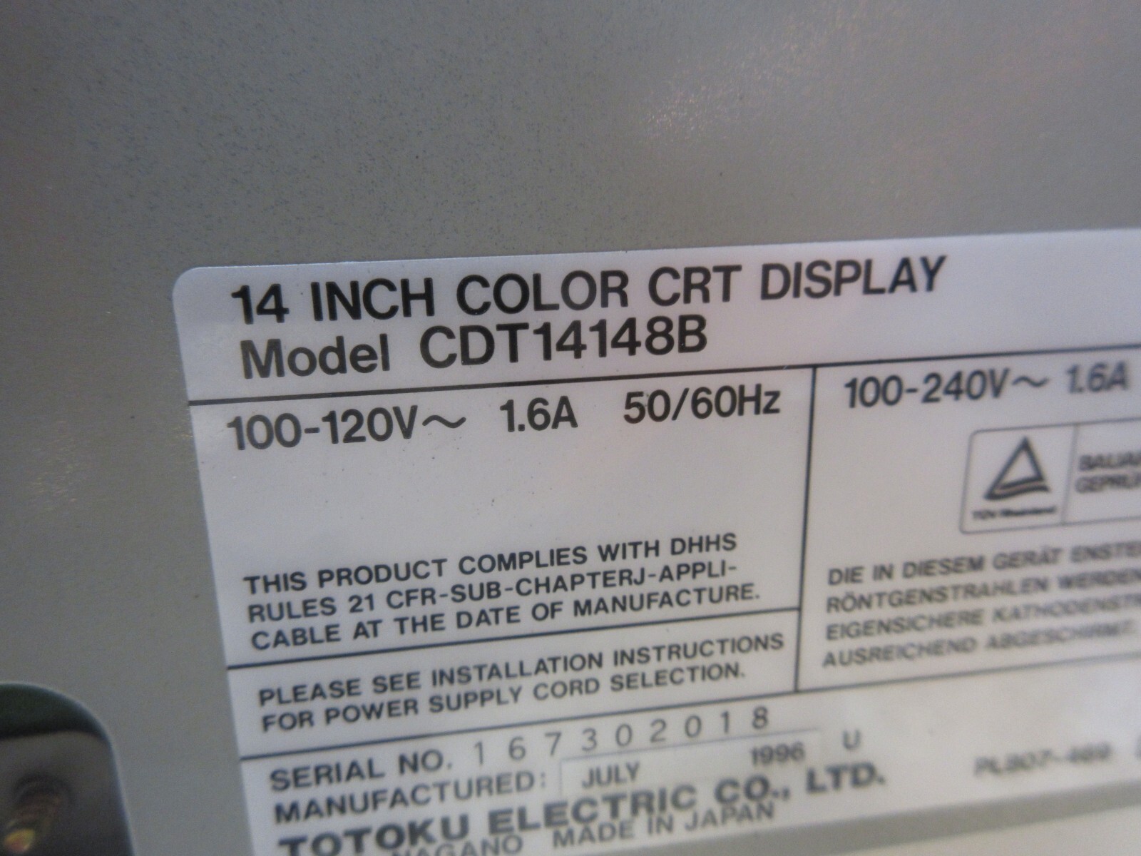 *SPECIAL PRICE* TOTOKU 14 INCH COLOR CRT DISPLAY MONITOR CDT14148B M34KNM23XX01
