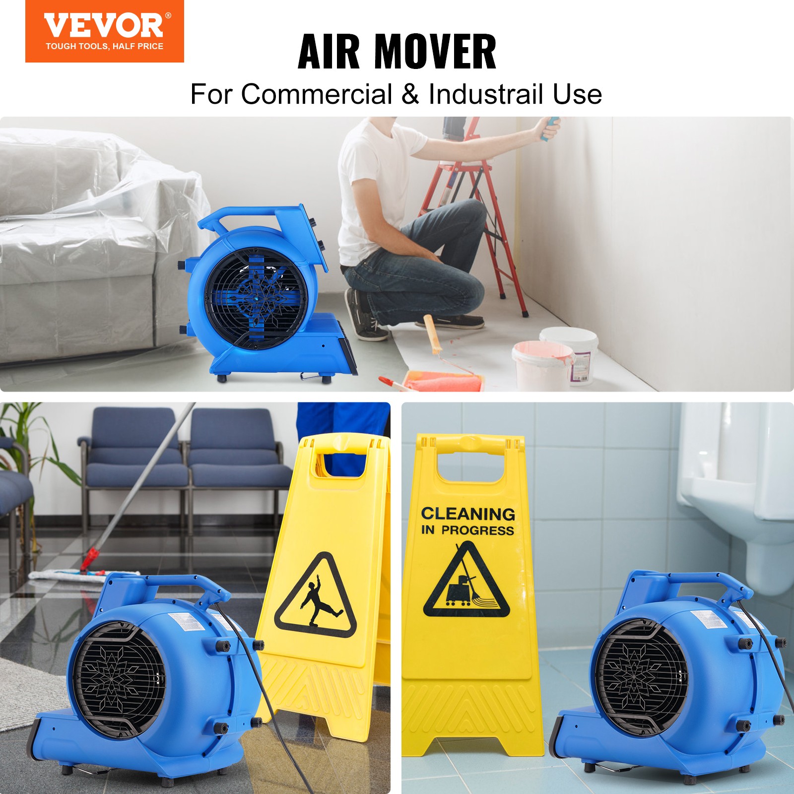 VEVOR Floor Blower Fan Air Mover 2600 CFM 3-Speed 1/2 HP Floor Carpet Dryer
