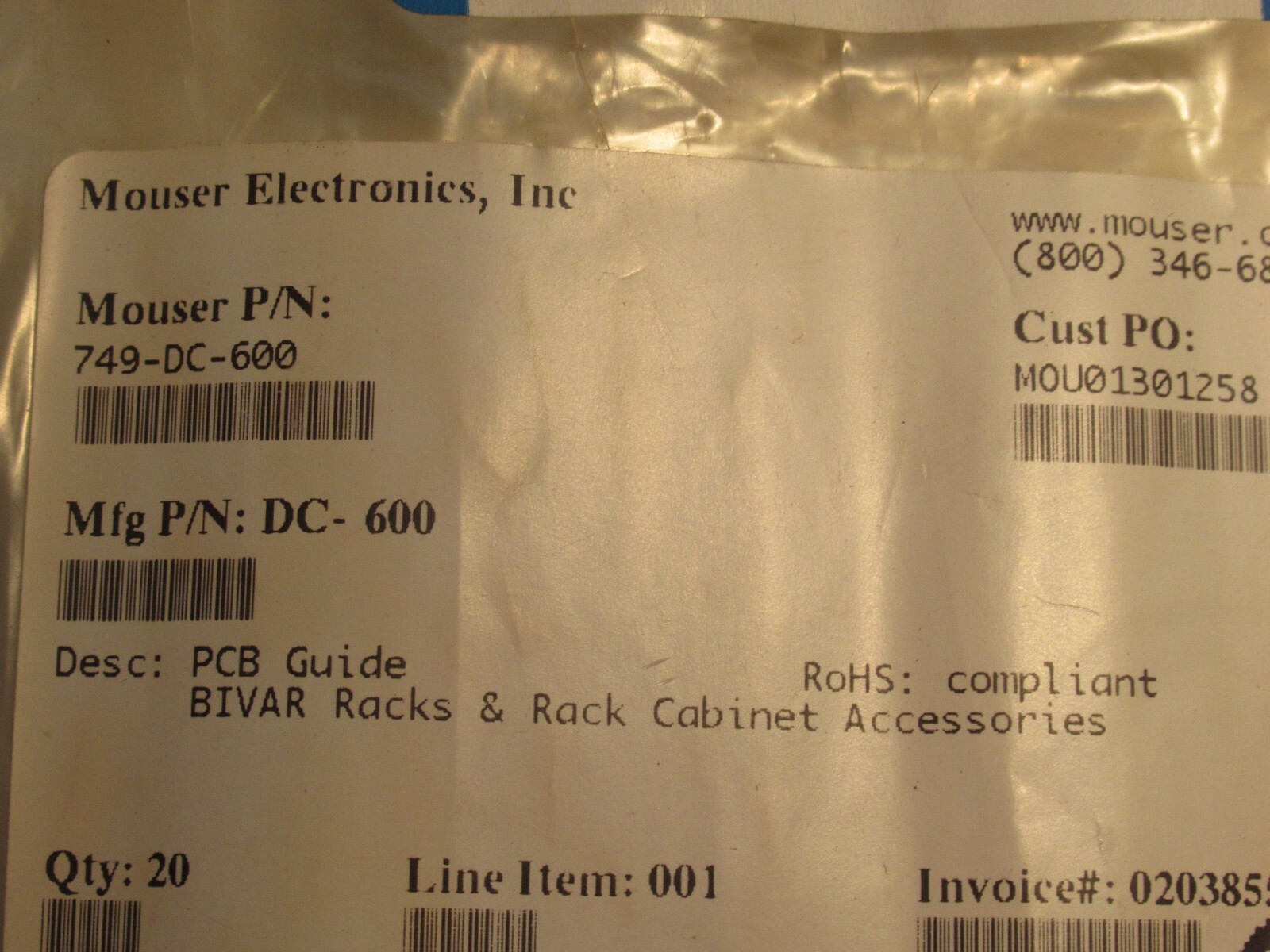 NEW (PACK OF 20) MOUSER ELECTRIC 749-DC-600 CARD GUIDE FOR BIVAR RACK CABINET