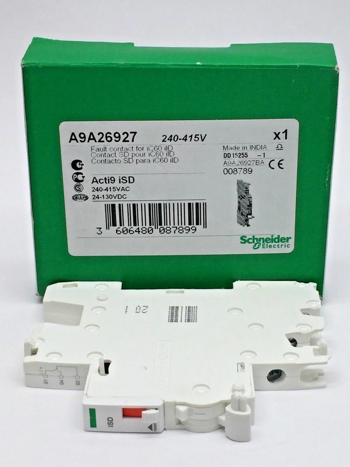 Schneider A9A26927 Acti9 iSD Auxiliary Contact 2A DC 6A AC 240-415VAC 24-130V DC