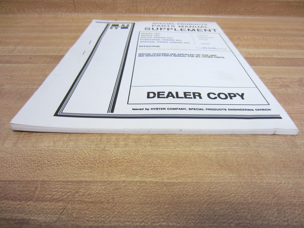 Hyster E100XL2S Special Products Parts Manual Dealer Copy Hy-E100XL2S