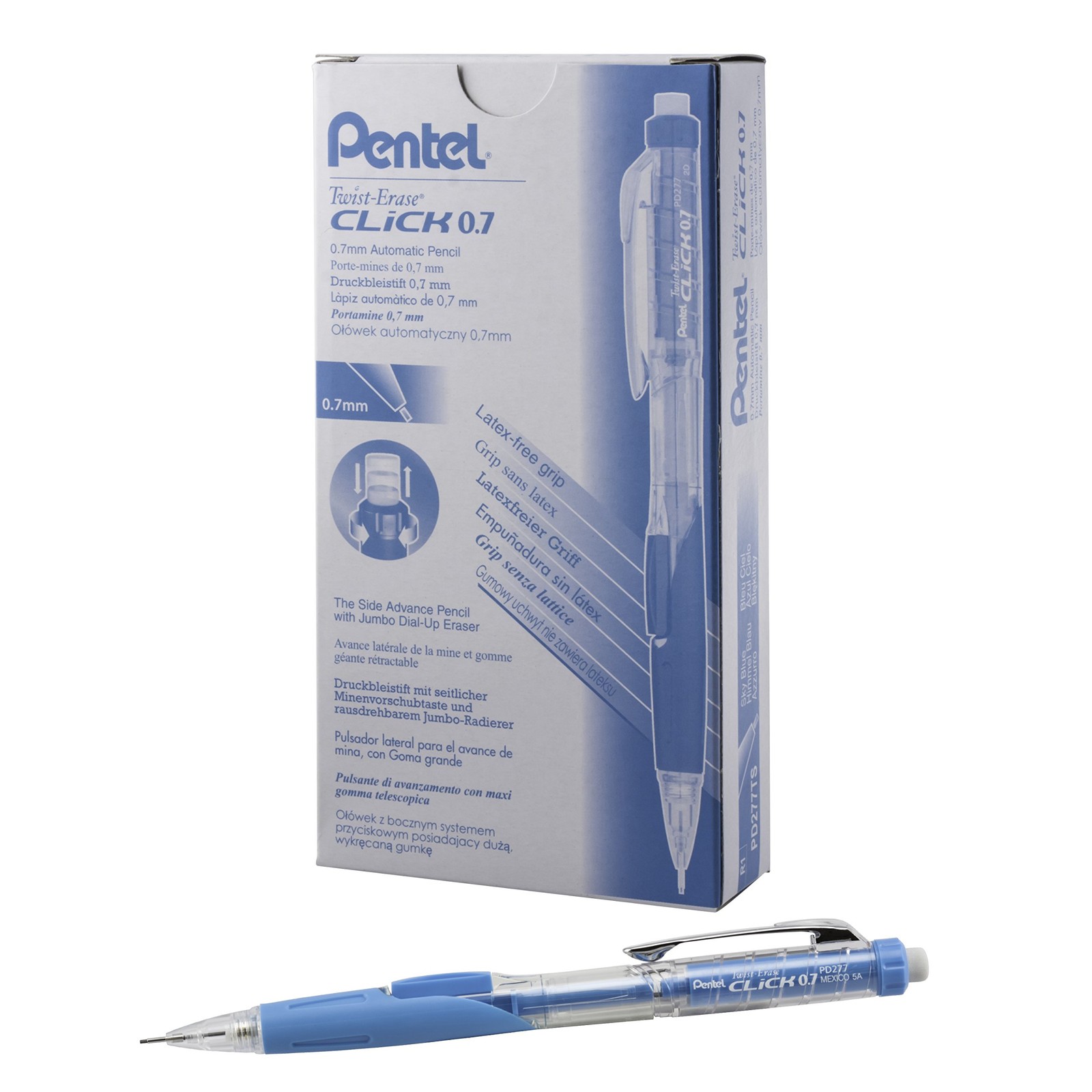 Pentel Twist-Erase Click Mechanical Pencil 0.7Mm Clear Barrel Sky Blue Grip 12