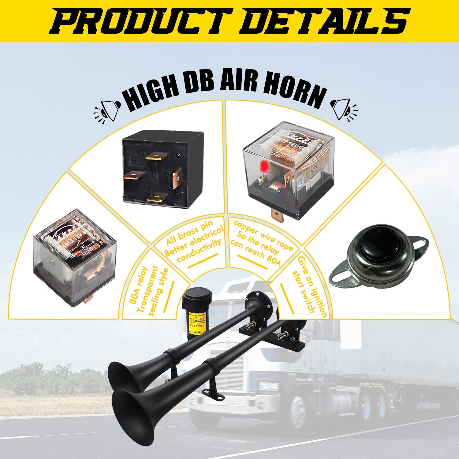 12V 150db Air Horn, 18 Inches Chrome Zinc Dual Trumpet Truck Air Horn with Co…
