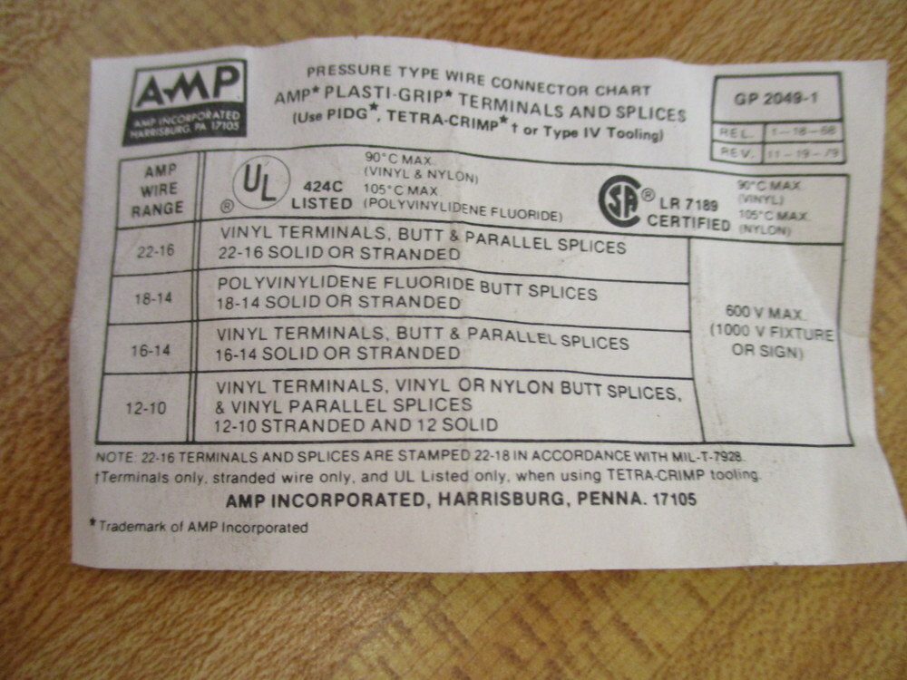 AMP 53225-1 1/4″ Stud Plasti-Grip Fork Terminal 532251 (Pack of 50)