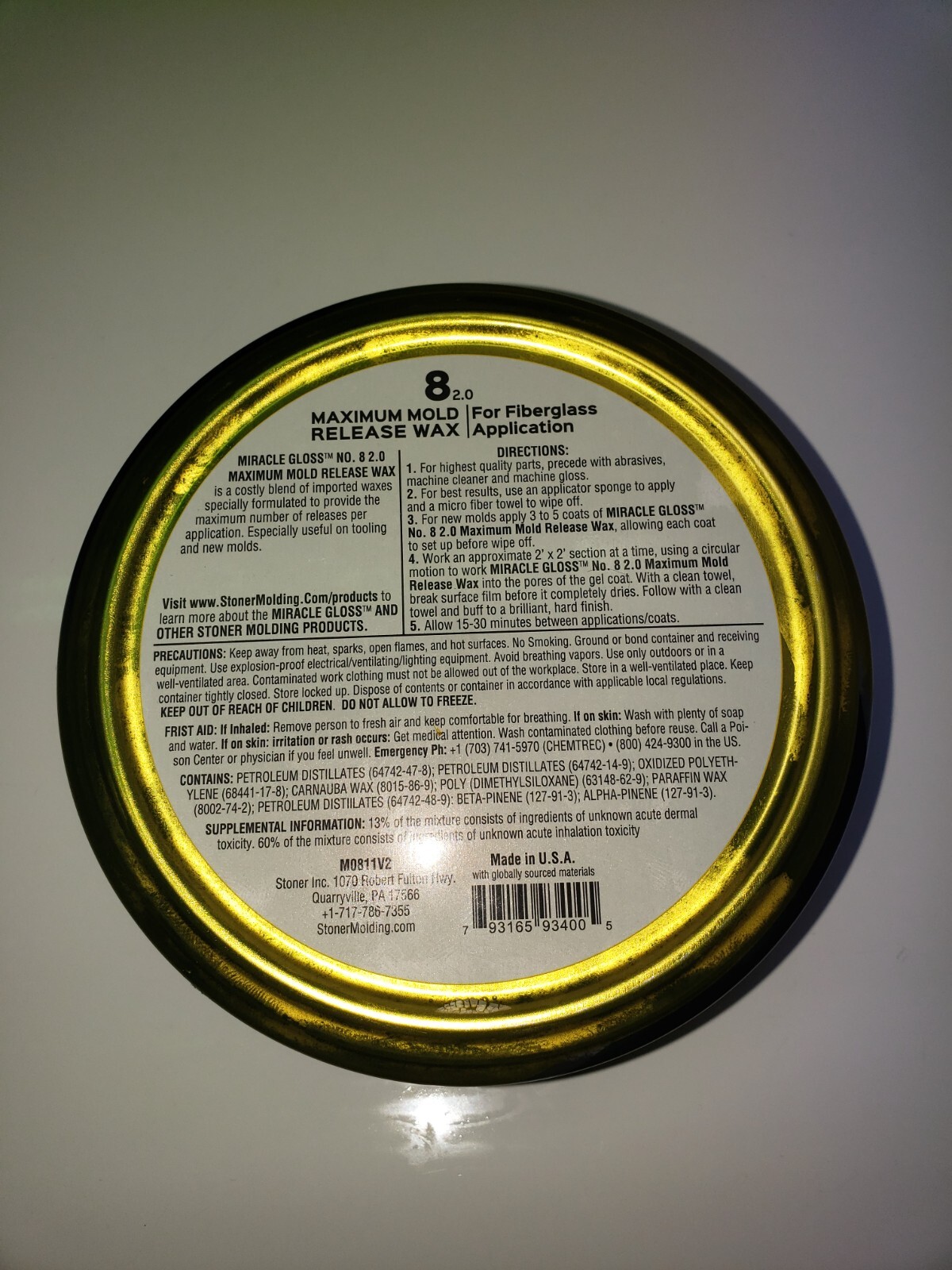 STONER WAX, FORMERLY MEGUIAR’S MIRROR GLAZE MAXIMUM 8 MOLD RELEASE WAX 11 oz.