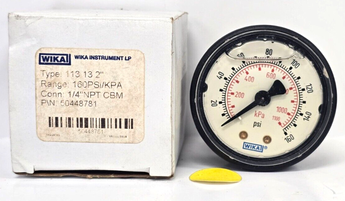 WIKA PRESSURE GAUGE 50448781; 2″ DIAL; 1/4 NPT; GLYCERIN; 0-160PSI; -4° TO 140°F