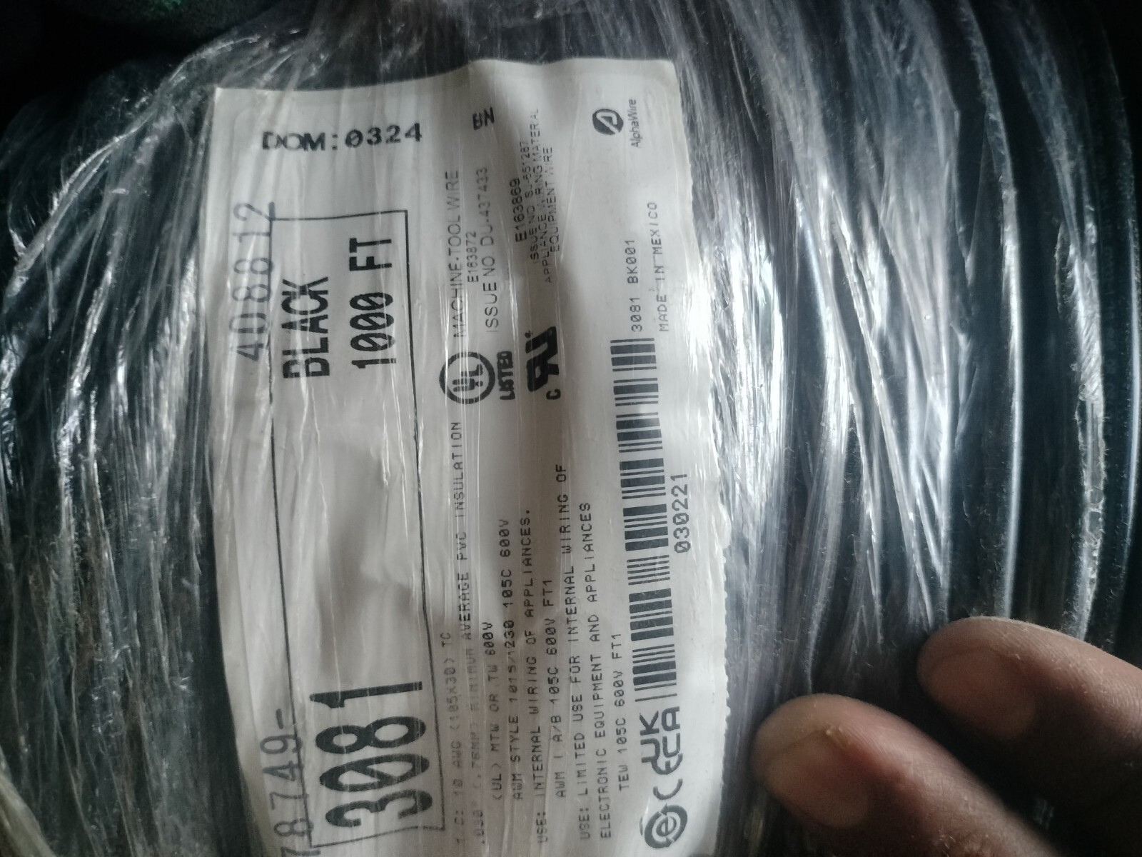 ALPHA WIRE 3081-BK001 Hook-up Wire 10AWG 1,000ft Spl Tinned Copper Black 600V –