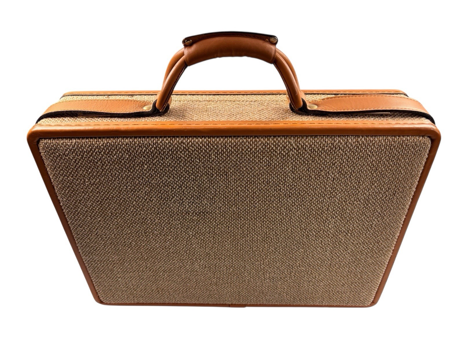 VINTAGE Jute Attaché Burlap Briefcase with Keys Leather Trim Brass Hardware