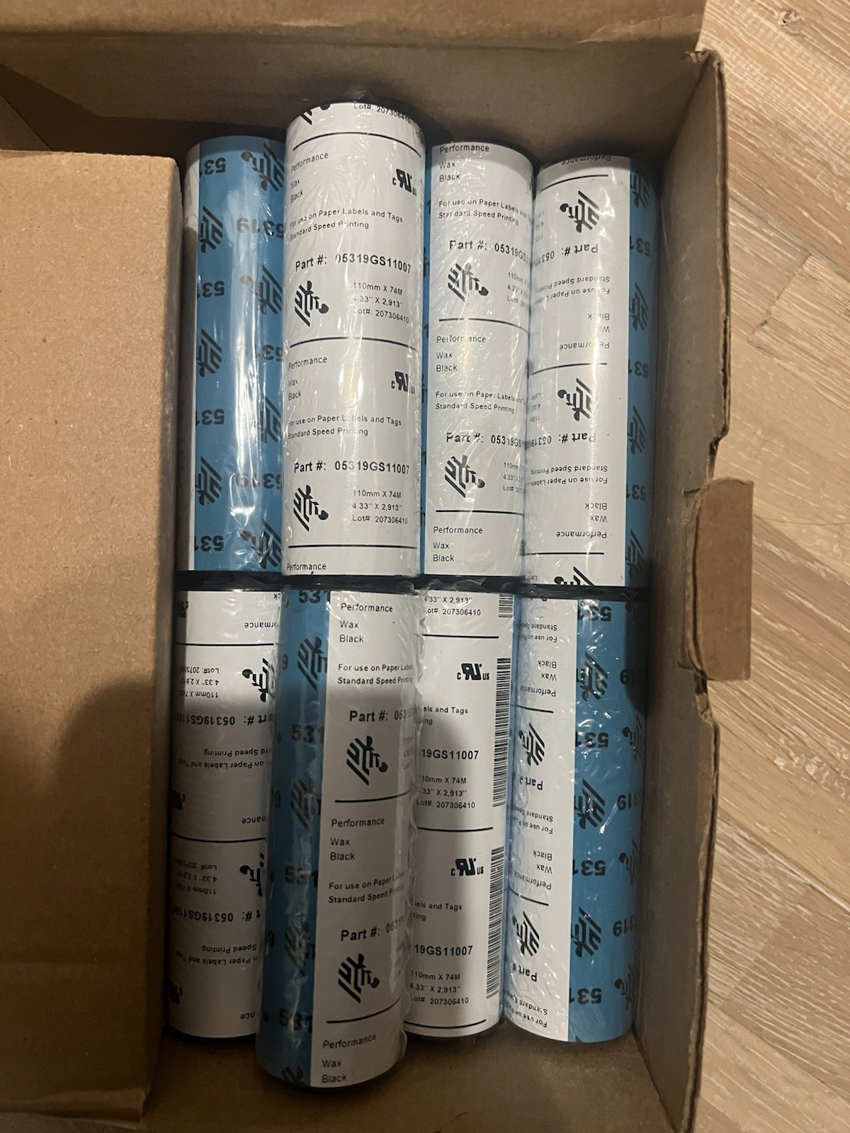 8 Rolls, Original Zebra 4.3″ X 2913′ Performance Wax Ribbon Black 05319GS11007