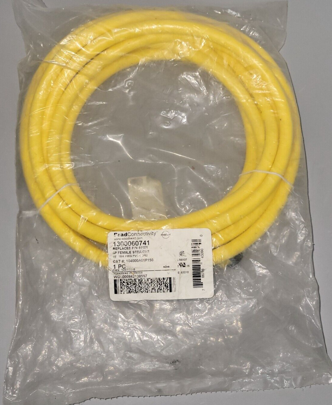 WOODHEAD BRAD CONNECTIVITY 15′ 4P FEMALE CORDSET 1300060741 104000A01F150 (B119)