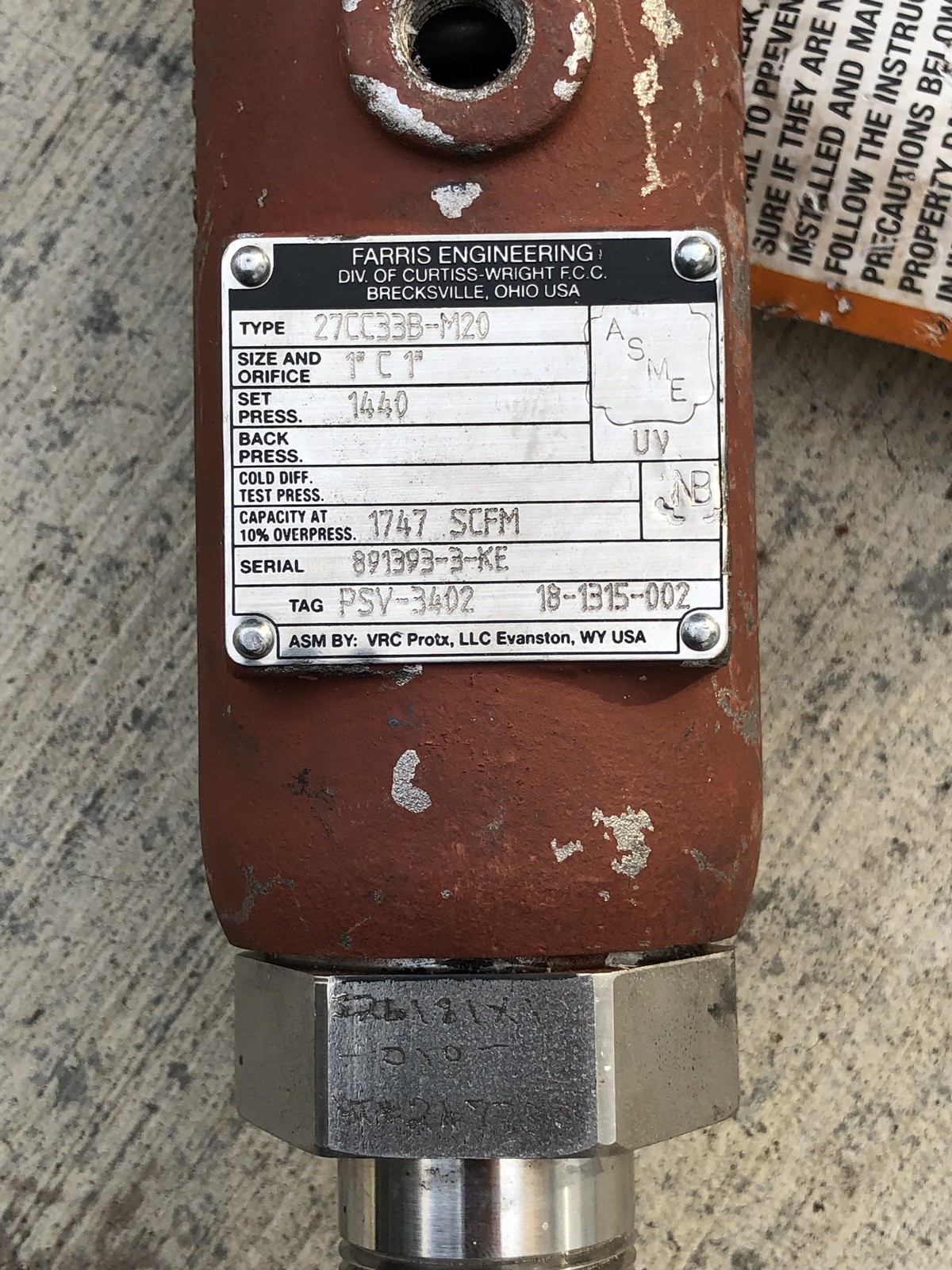 FARRIS 27CC33B-M20 CURTISS WRIGHT 2700 BALANCED PRESSURE SAFETY RELIEF VALVE 1″